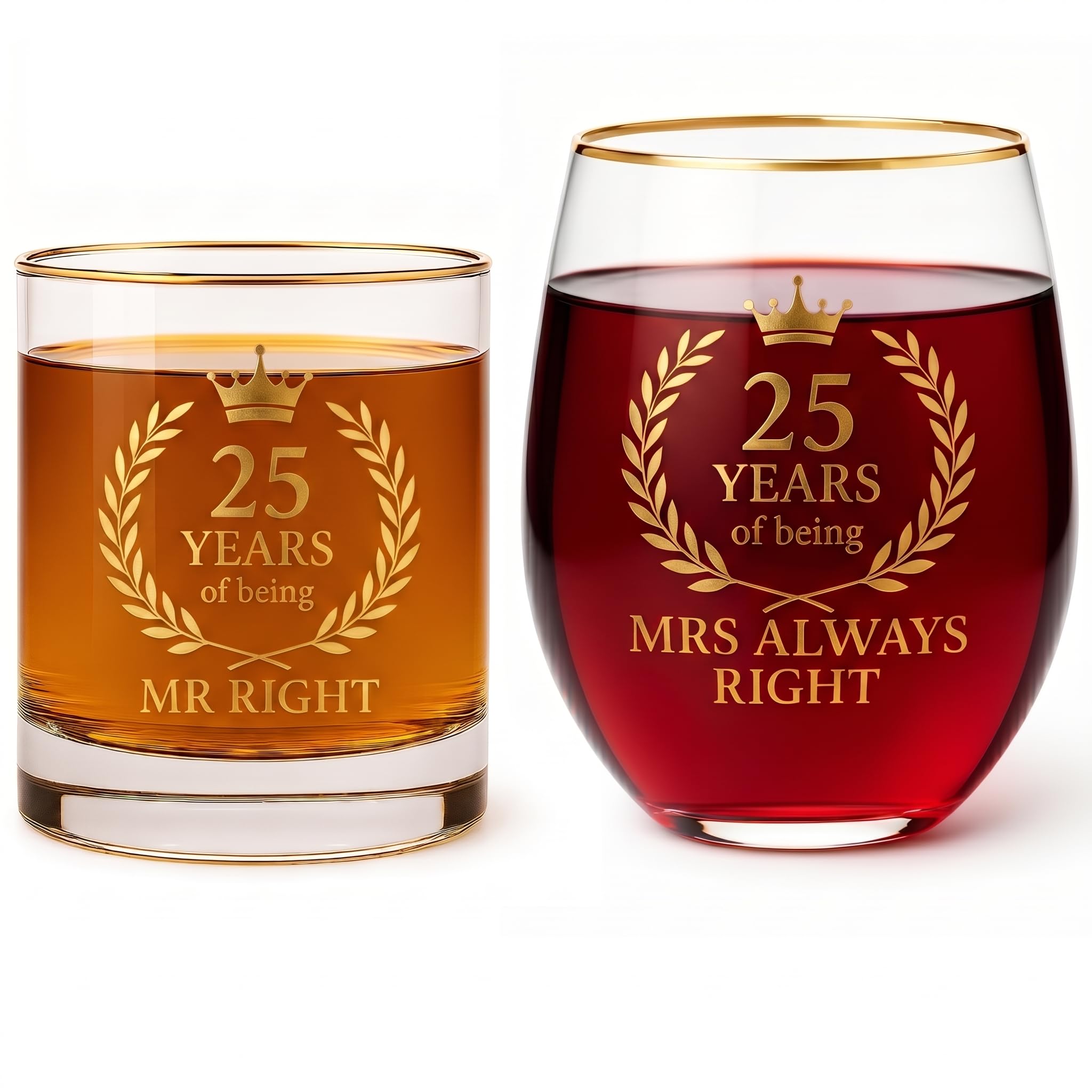 DIQUENEW 25th Anniversary Set for Couples, Stemless Wine and Whiskey Glass Set, 25 Years of Being Mr Right & Mrs Always Right, Wedding Present for Parents, Husband and Wife (25th Wine Set)