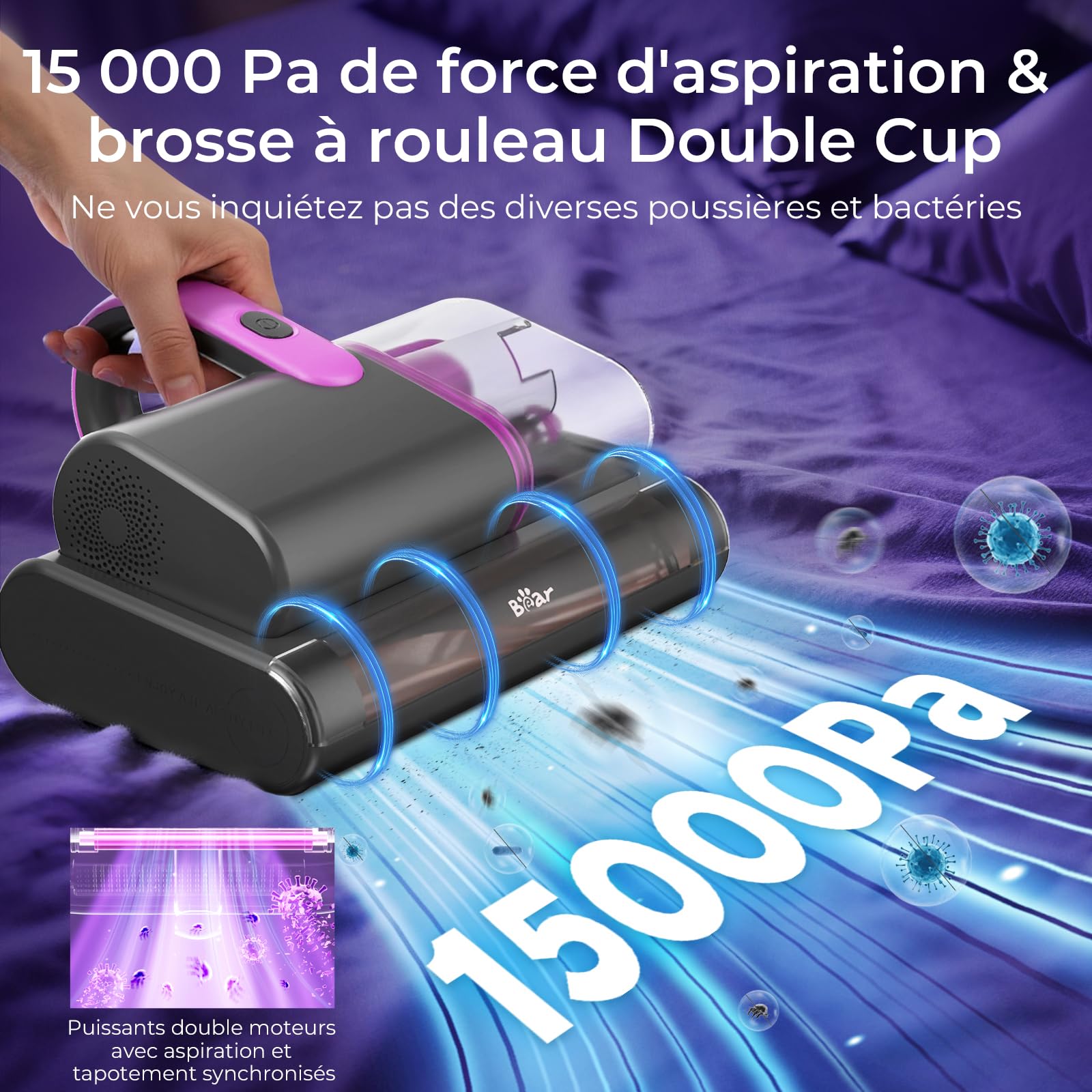 Bear Aspirateur anti-acariens matelas, 15 kpa, 35000 tr/min, UV-C, punaises de lit, 99,9 % bactéries, allergènes, 4 m