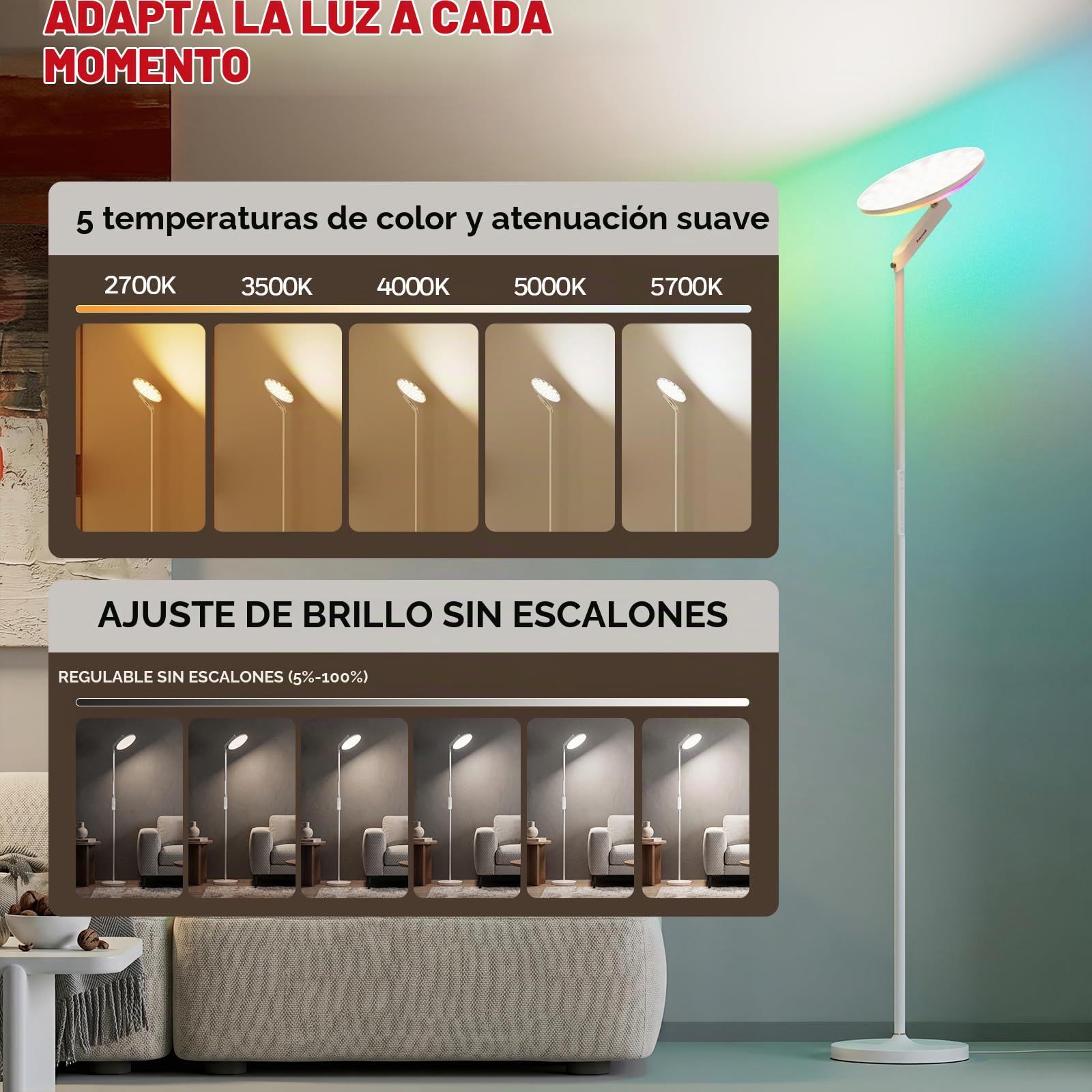 Honeywell Lámpara Pie LED Regulable, 3000LM,5 Modos, c/Remoto, 6RGB, Girat