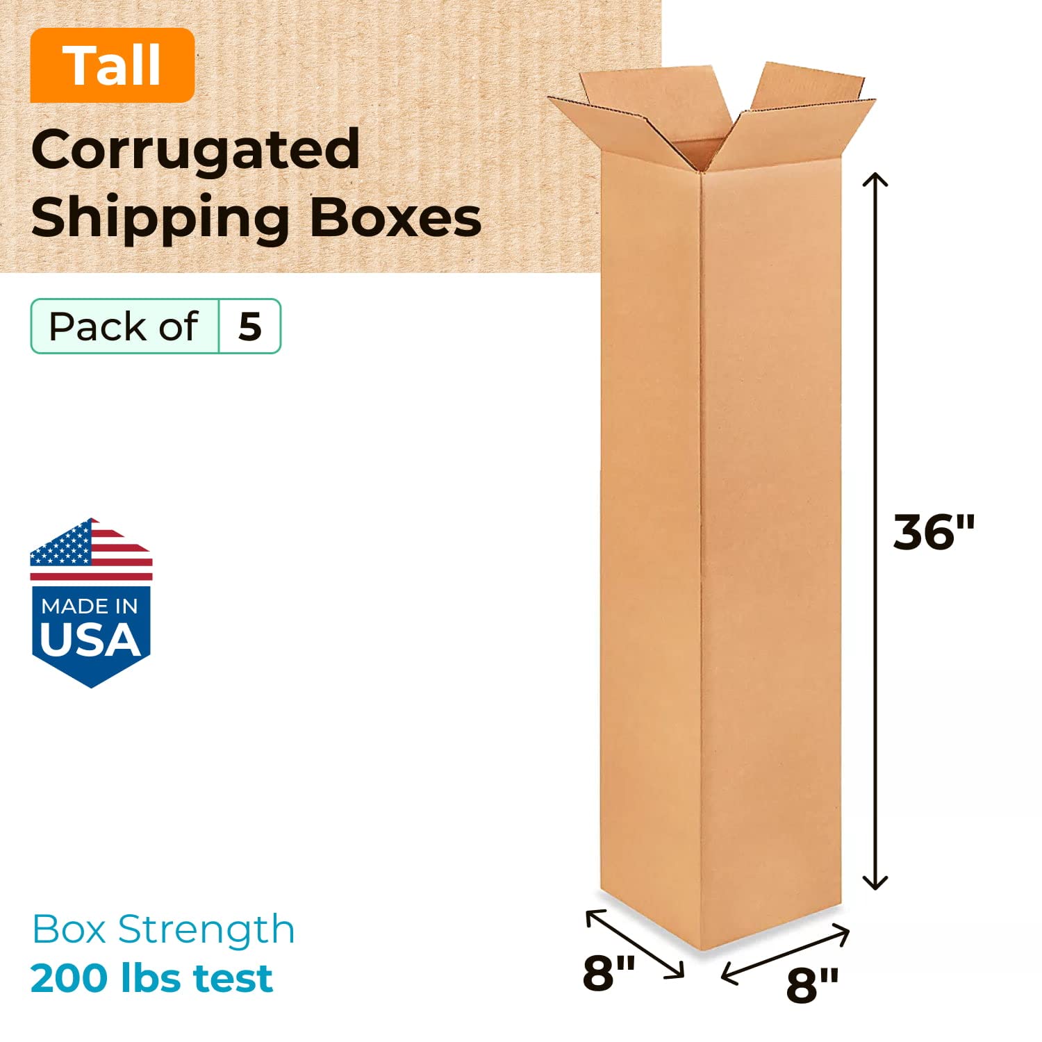 tall moving & shipping boxes 8 x 8 x 36 inches (5-pack) - extra strength 200 lb vs regular - usa-made corrugated packing boxes for delivery - packaging box for shipping by idl packaging - 8 x 8 x 36" (tall boxes) pack of 5