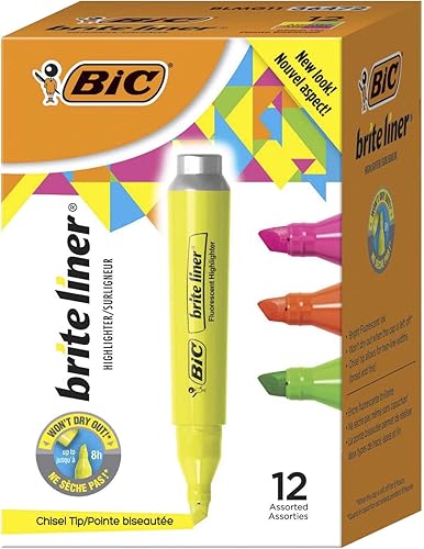 BIC Brite Liner Highlighter, estilo tanque, punta de cincel, caja de 12 resaltadores fluorescentes surtidos
