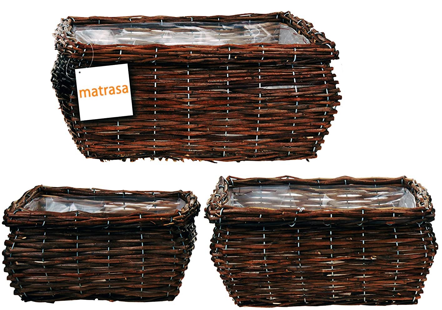 Rattan Pflanzkörbe 3er Set – Quadratisch, Mit Folie Ausgekleidet, 26/30/37 Cm
