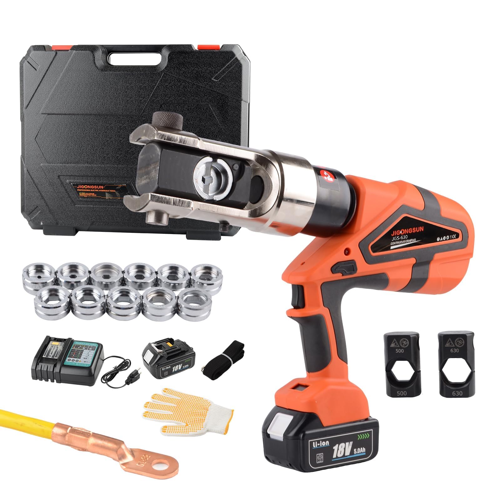 20 Ton Electric Hydraulic Crimping Tool, Battery Powered with 6AWG to 1300MCM Die Set, for Battery Cable, Lug Crimping Tool for Terminal, Rechargeable, Cordless