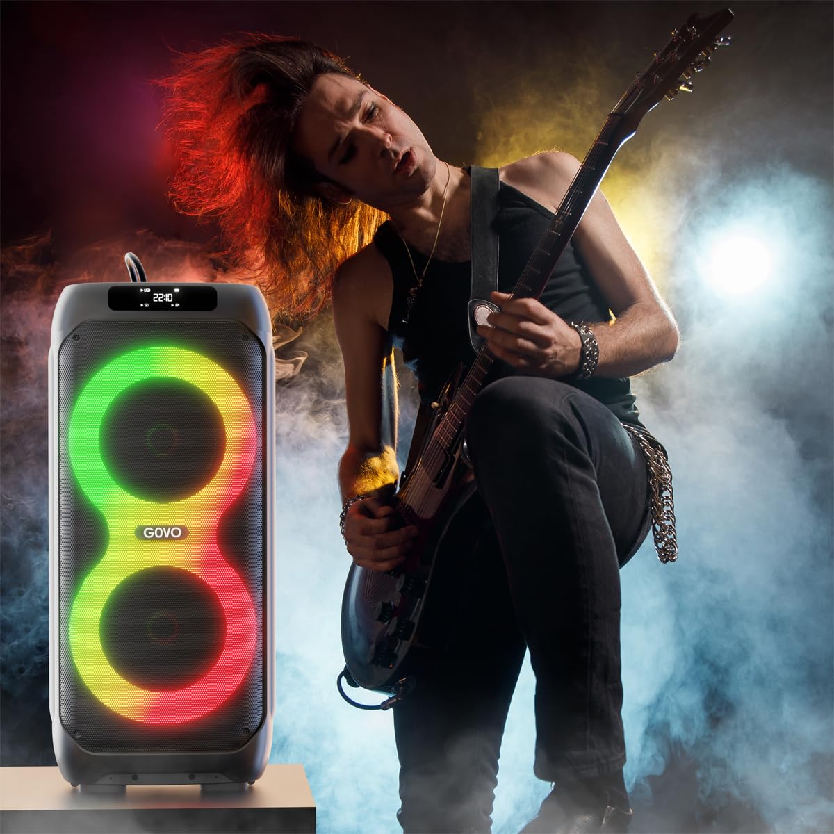 Վերև view of the GOVO Goloud 980 speaker control panel with power button and various ports.