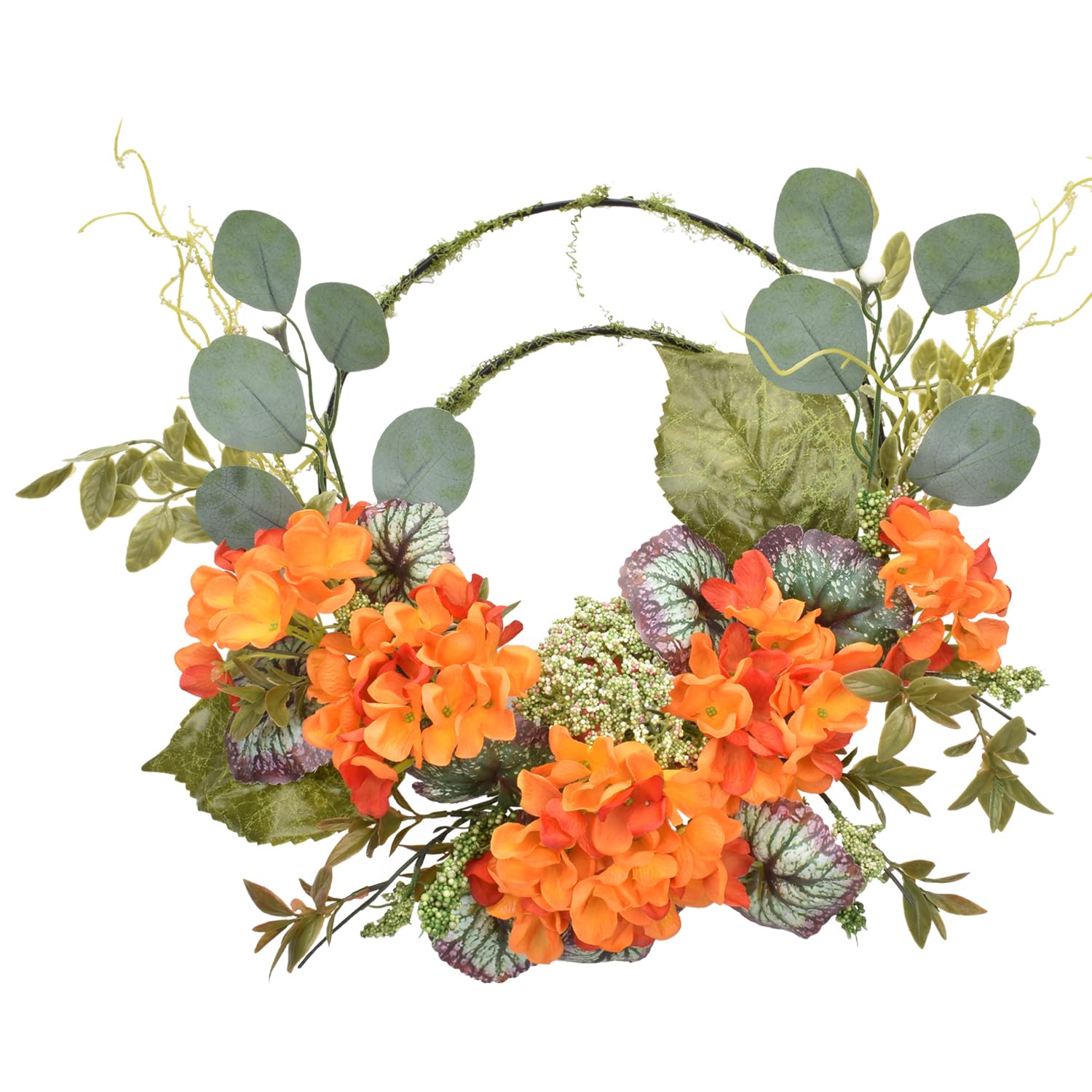 Hydrangea Wreath for Front Door, Spring Summer Door Wreath with Eucalyptus Begonia Leaves for Farmhouse Holiday Welcome Outdoor Wall Window Decor(Orange)