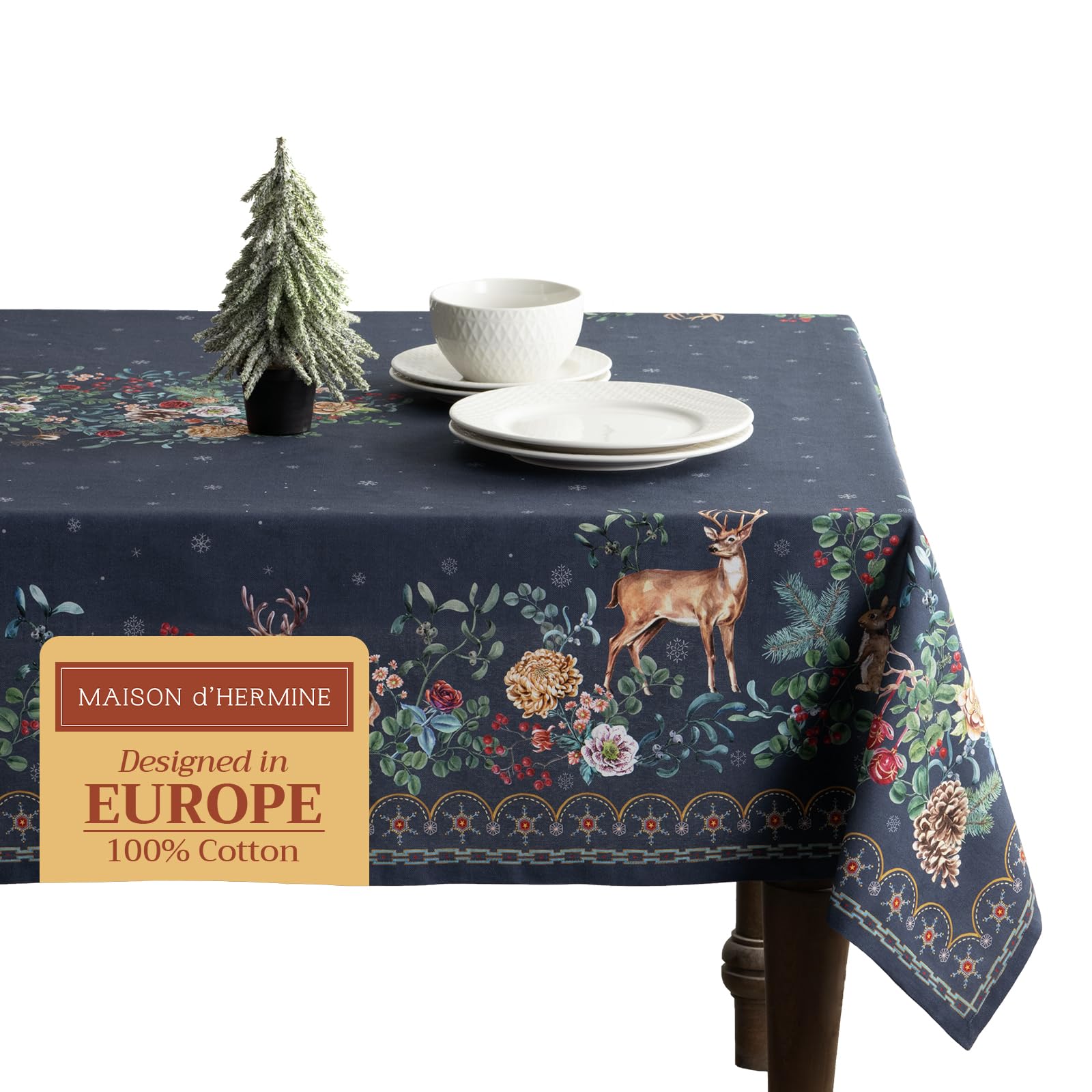 Maison D' Hermine 064 - Christmas Joy Table Cloth Rectangle Table 100% Cotton 180 Cm X 140 Cm Tablecloth Reusable Everyday Use For Christmas Decorations Dining Farmhouse Home Party Festive (Christmas Joy)