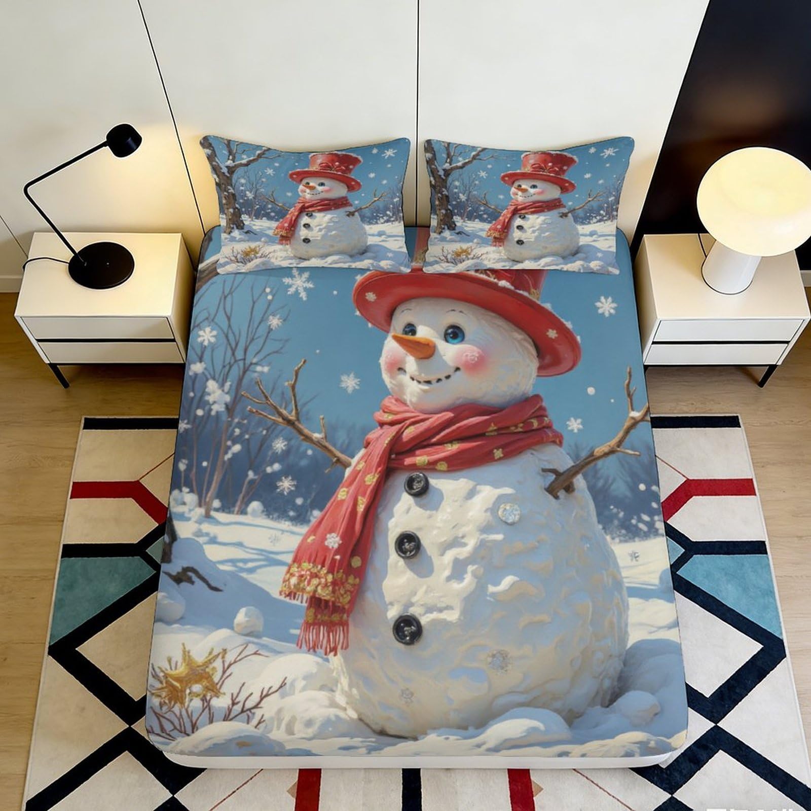 Pnayamiorkfel Style-10 3D Printed Snowman Winter Scene Fitted Sheet Microfiber Soft Non-Slip Bed Sheet Christmas Decor For Bedroom Guestroom 90X200x25cm
