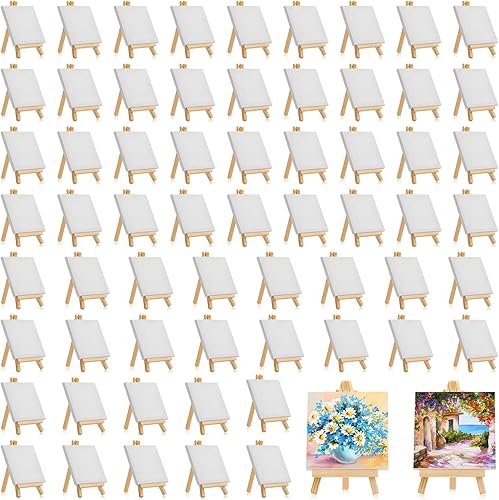 Vista 14 de Mimorou Paquete de 32 mini lienzos de 5 x 5 pulgadas con caballete para pintar pequeños lienzos estirados de arte, paquete con caballete de madera