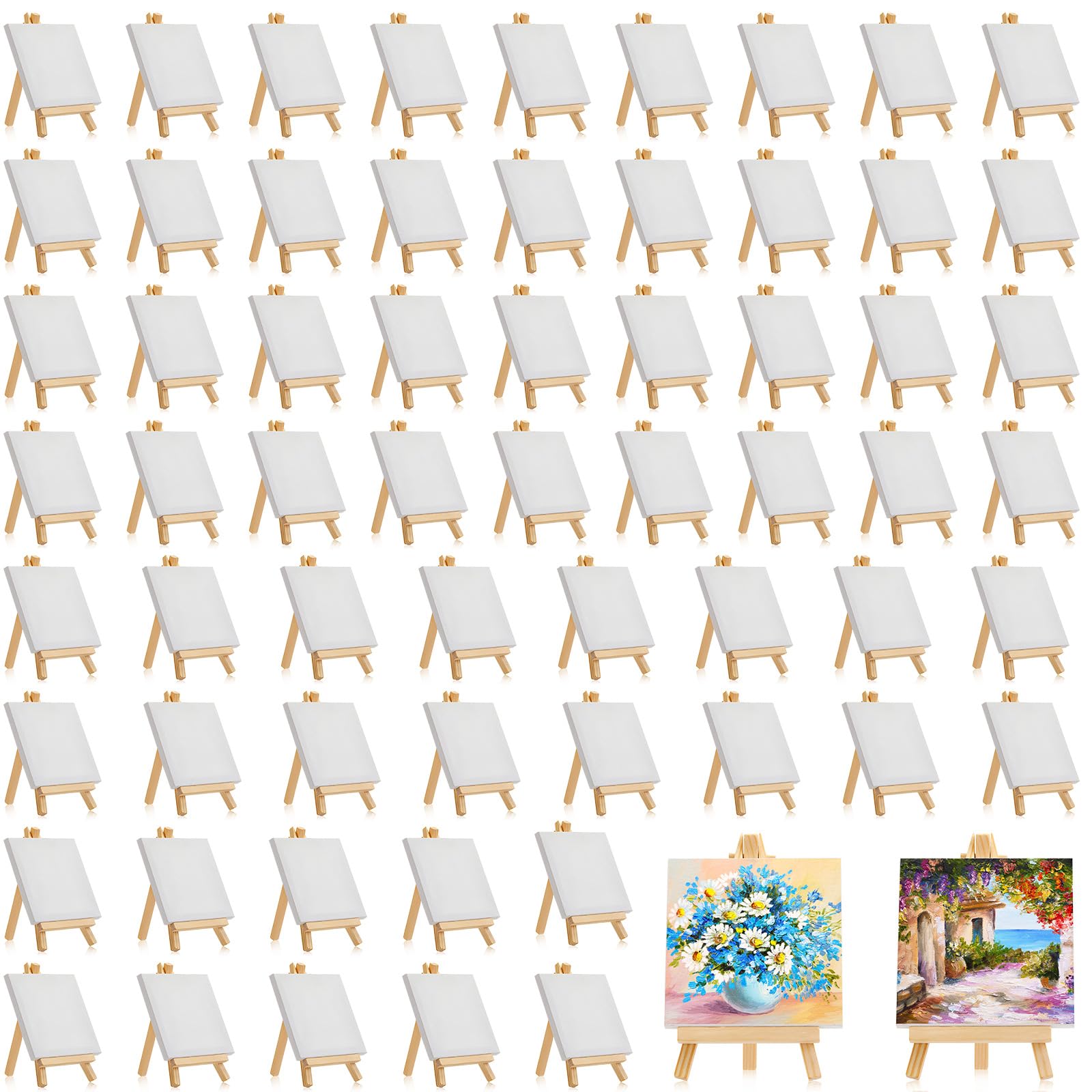 Mimorou 32 Pack Mini Canvas with Easel Sets for Painting Small Art Stretched Canvas Panels Pack with Sturdy Wood Display Easel for Kids Classroom