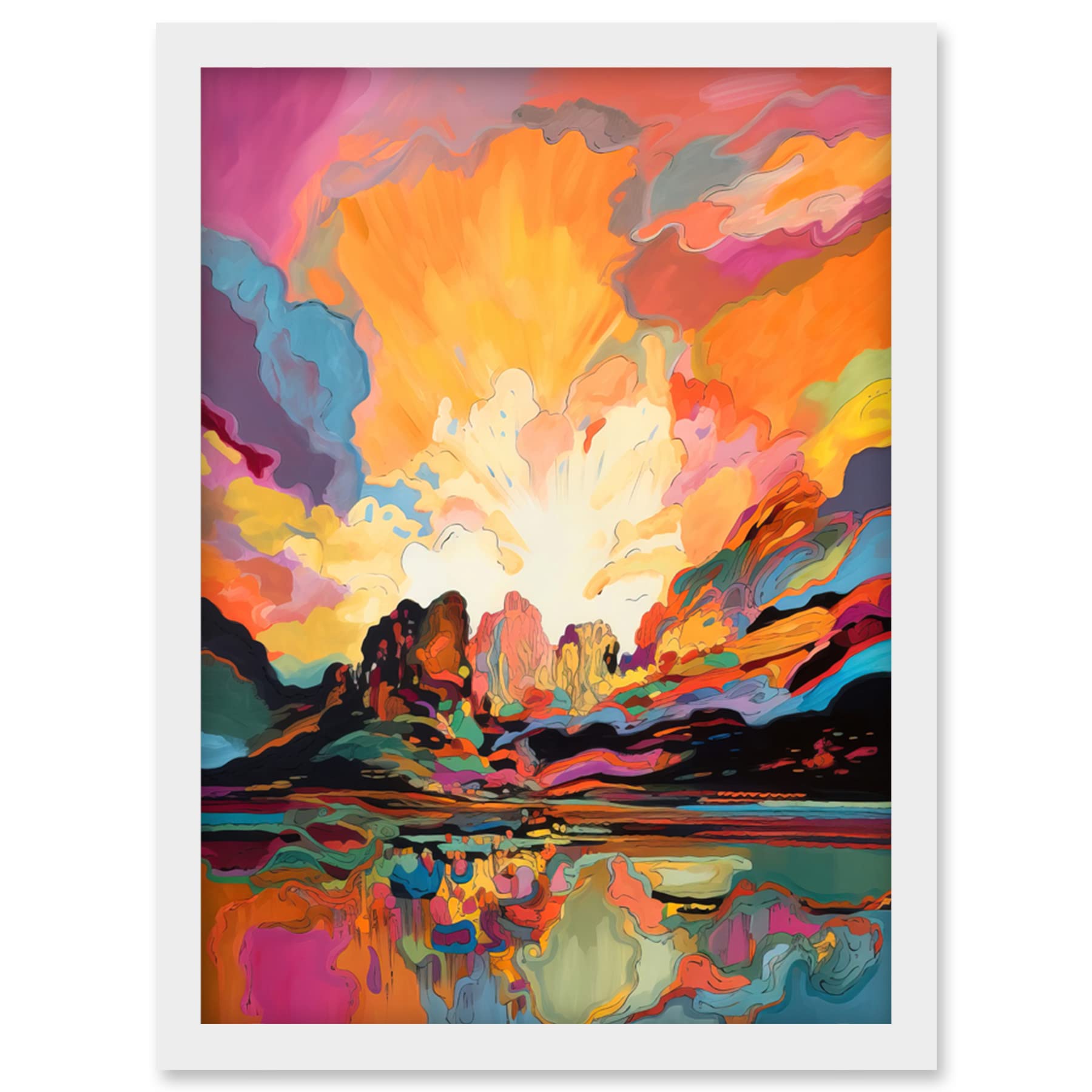 Artery8 Atmospheric Sunset Clouds Vibrant Colour Lakescape Modern Watercolour Painting Artwork Framed Wall Art Print A4