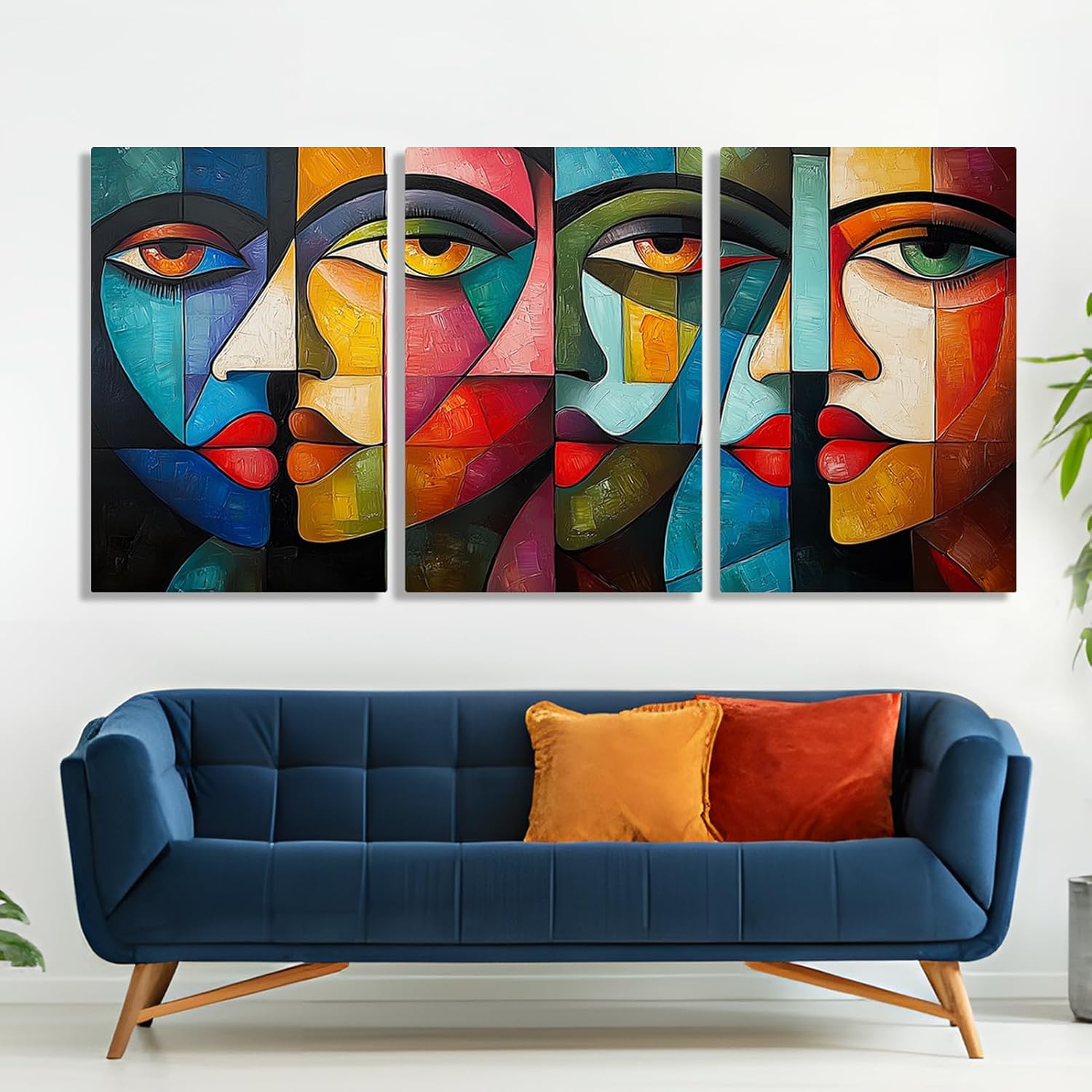 WithHope Picasso-Inspired Abstract Wall Art – 3 Panel Colorful Face Canvas Painting, Modern Geometric Portrait Artwork for Living Room Bedroom Office Decoration (16" x 24" x 3 pcs)