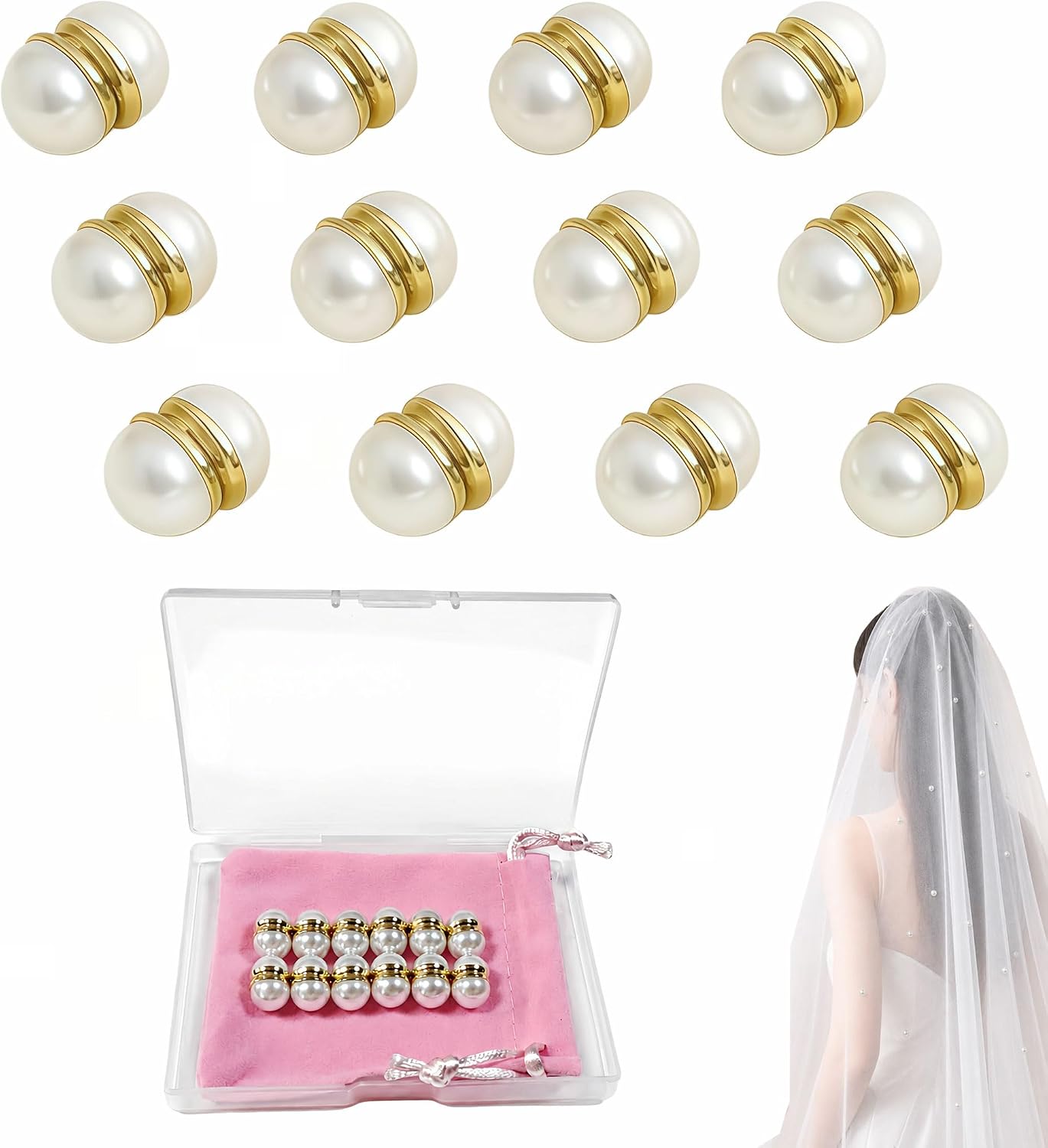 Pearl Veil Weights, 18 Pairs Magnetic Bridal Weights for Outdoor Weddings, Invisible Double-Sided Veil Weights