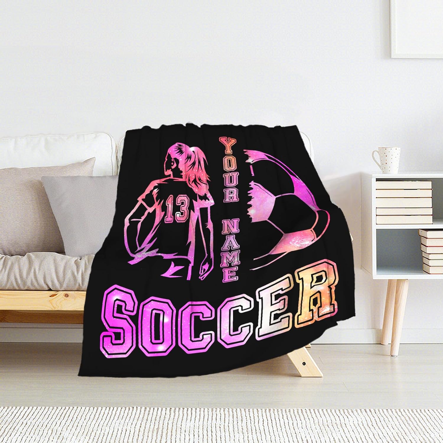 Personalized Soccer Throw Blanket with Name - Soft, Fuzzy & Warm - 60x80 Inches Twin Size Blanket for Couch, Office - Black Cute Throw Gift for Girls, Women