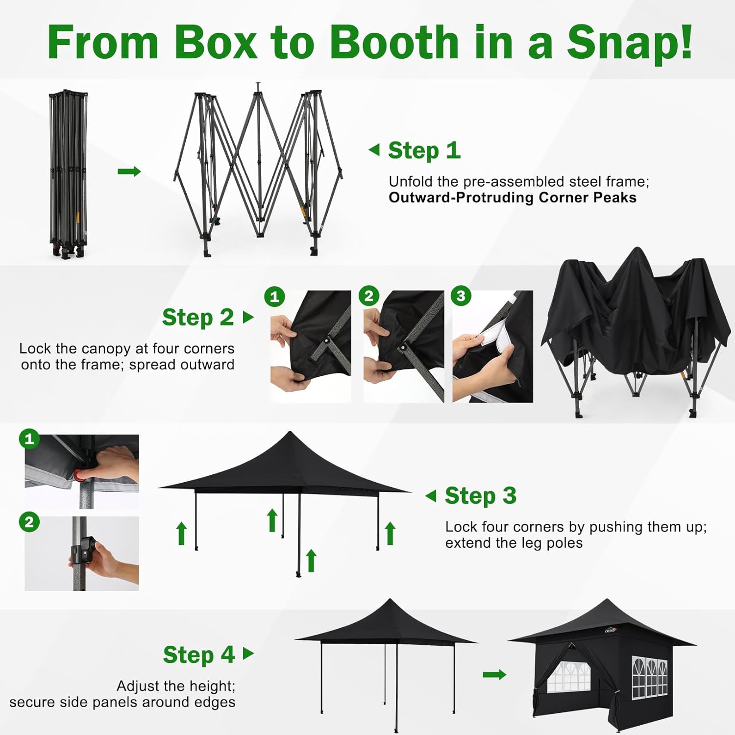COBIZI 13x13 Pop up Canopy Tent Heavy Duty with 4 Sidewalls, Easy Up 100% Waterproof Commercial Outdoor Canopy Gazebo, 3 Height Adjustable with Handbag for Backyard, Lawn, Garden, Black