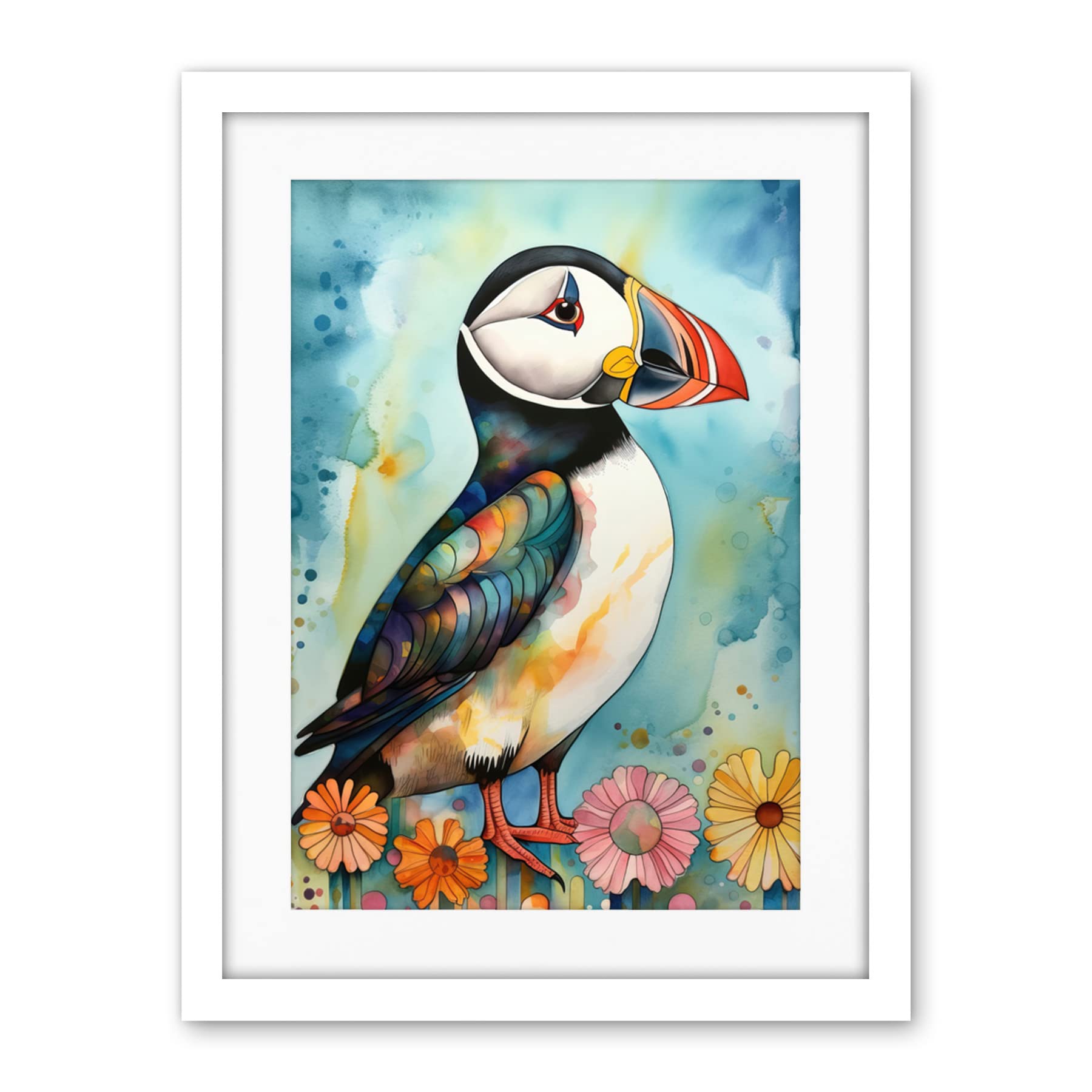 Artery8 Puffin Bird With Flowers Folk Art Artwork Framed Wall Art Print 18X24 Inch