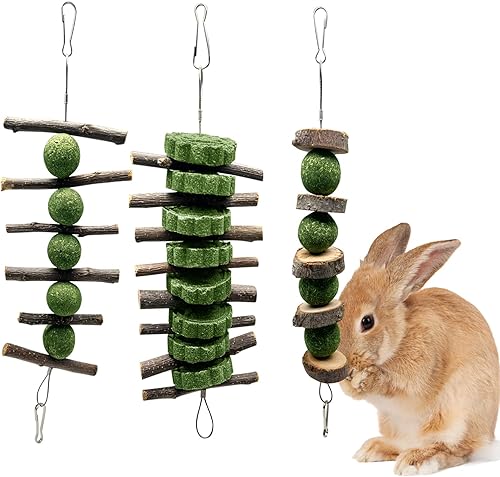 3 piezas de juguetes masticables para moler dientes de conejo, ramas de manzana, palitos de masticar con bola de hierba y pastel de hierba para