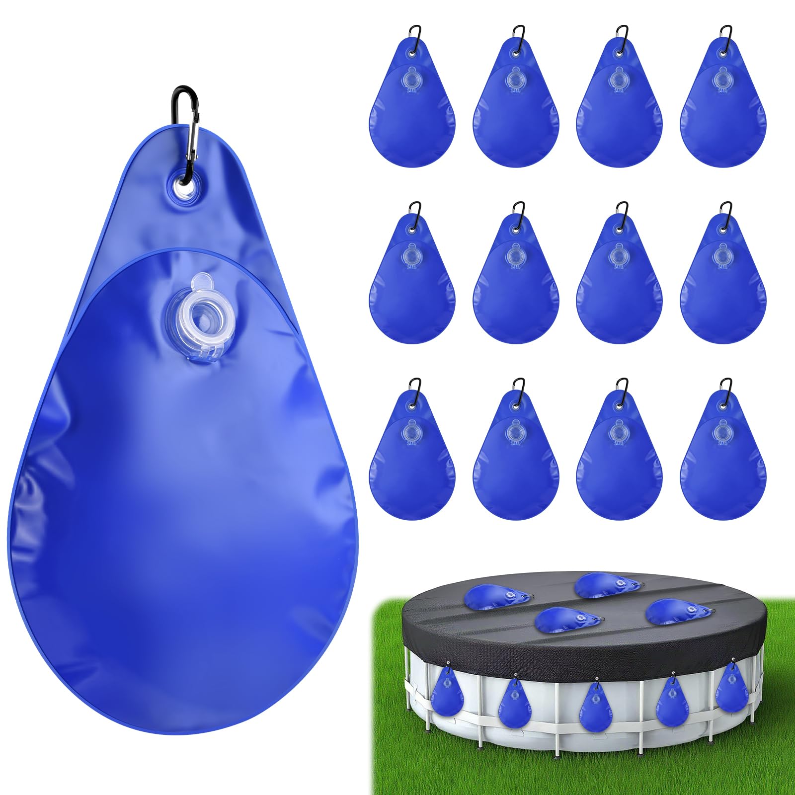 12 Pack Pool Cover Weights with Hooks, Thick PVC Leakproof Swimming Pool Cover Hanging Bags, Antifreezing Winter Tarp Weights Bag for Above Ground Pool Cover