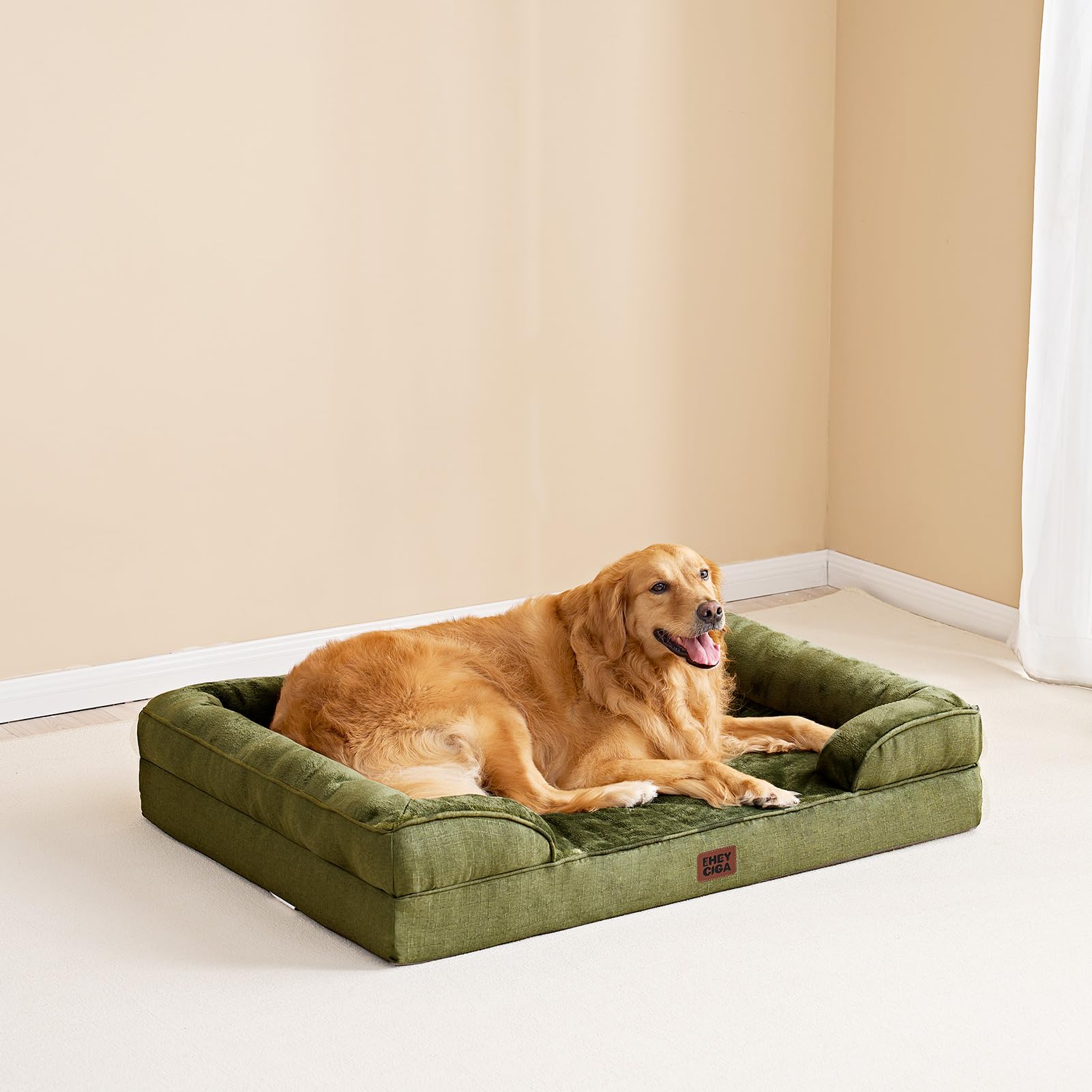 EHEYCIGA Orthopedic Dog Beds for Extra Large Dogs 44x32Inch, Waterproof Memory Foam XL Pet Bed with Sides, Non-Slip and Egg-Crate Foam Big Dog Couch Bed with Washable Removable Cover, Olive Green - image 8
