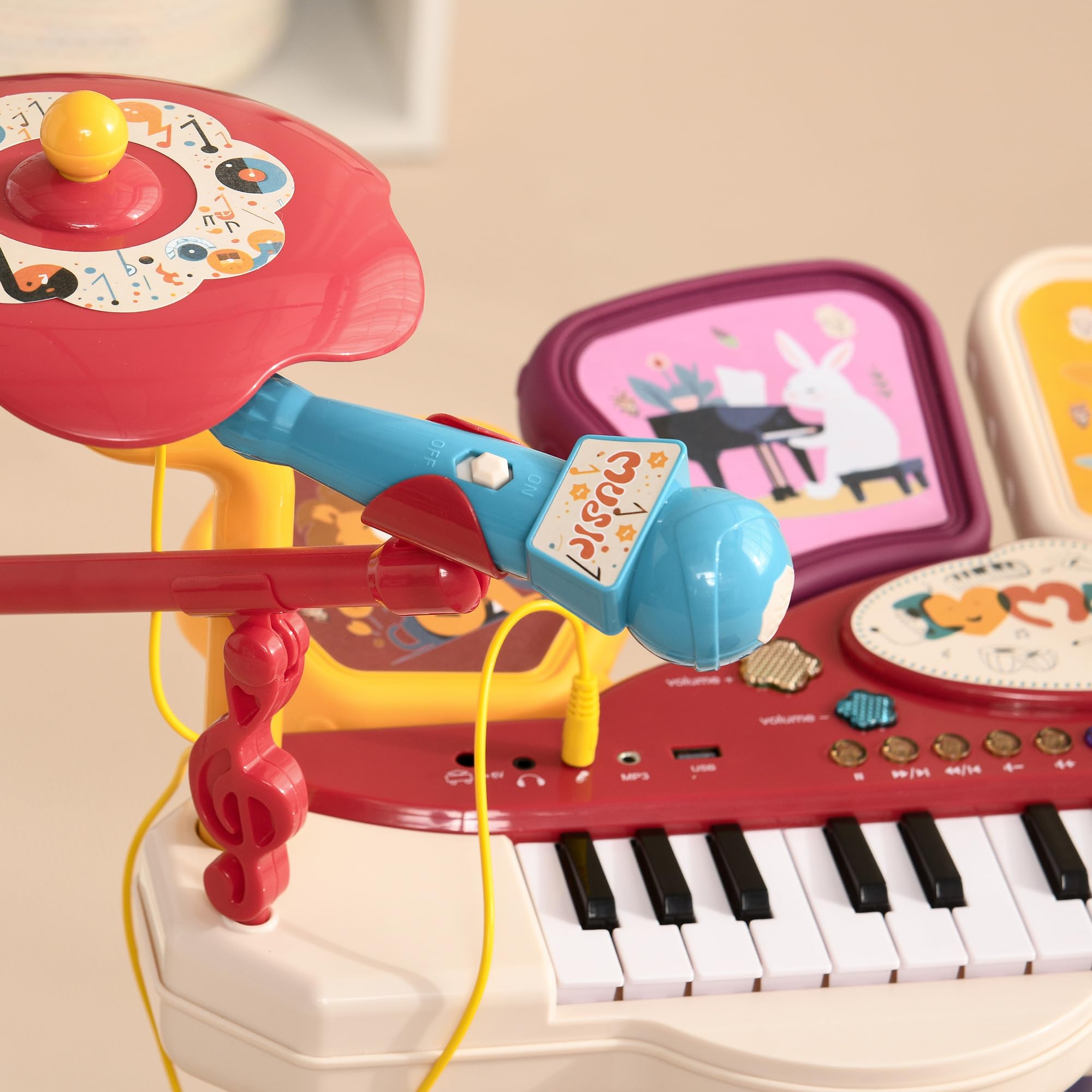 AIYAPLAY Piano Electrónico Infantil Piano para Niños 2 en 1 con 32 Teclas Batería Taburete Micrófono 19 Canciones y Volumen Ajustable 74x32,2x71 cm Multicolor