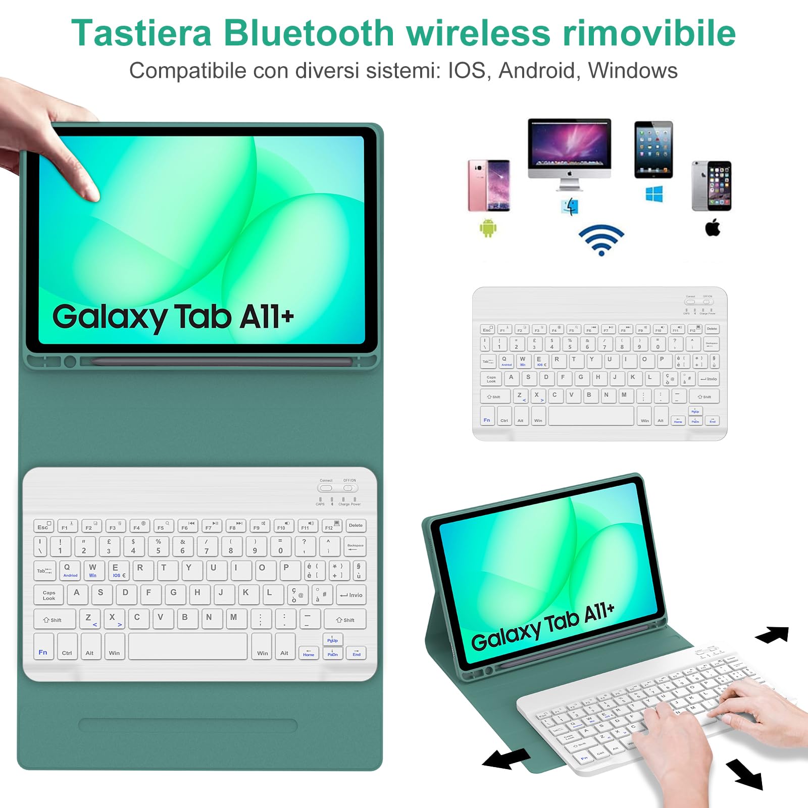 IVEOPPE Tastiera Cover per Samsung Galaxy Tab A11 Plus 2025/Tab A9 Plus 2023 11 Pollici, Italiano QWERTY, Bluetooth Staccabile Custodia con Portapenna, Verde Scuro