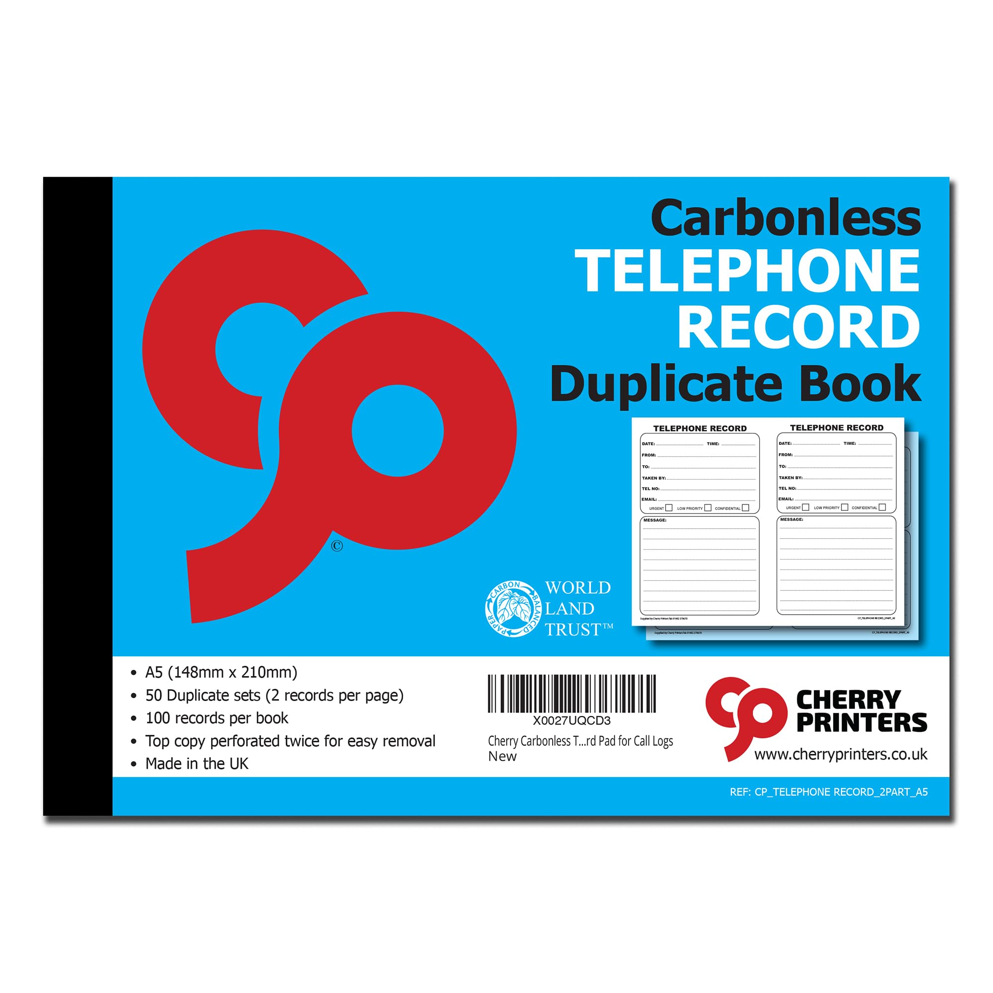 Cherry Printers Carbonless NCR Telephone Record Duplicate Book A5 | 50 Sets | 100 Records per Book | Top Copy Perforated Twice for Easy Removal | Professional Record Pad for Call Logs