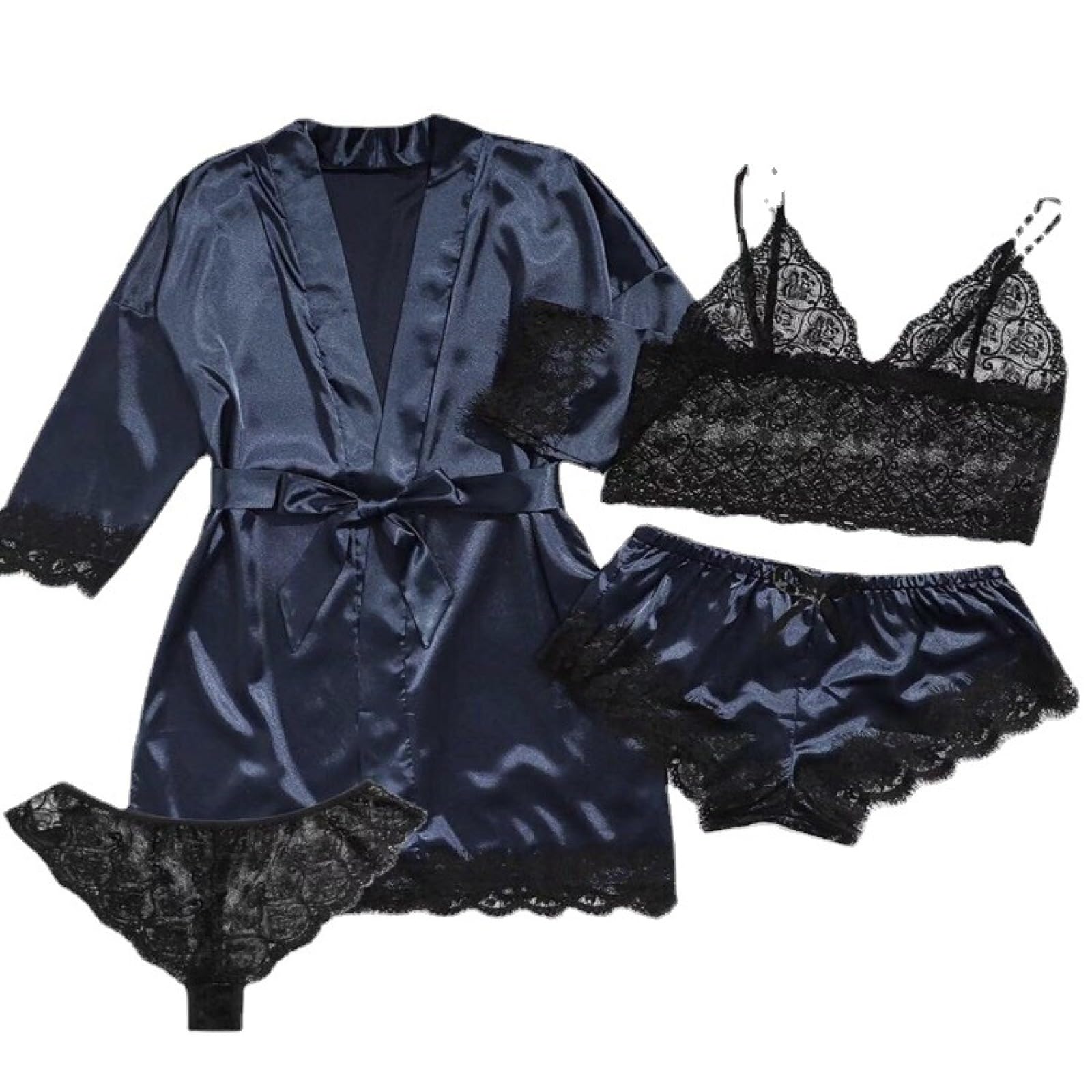 StockingsPijama Sexy para Mujer 4 Piezas Set Encaje Tirante Vestido lencería erótica Pijama
