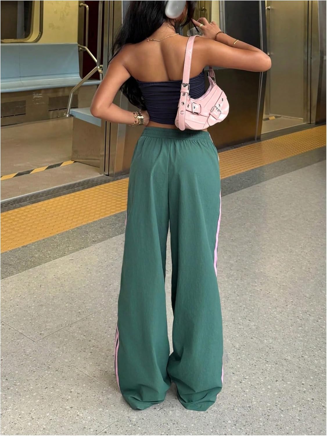 GORGLITTER Women's Low Rise Side Striped Track Pants Y2K Wide Leg Loose Baggy Parachute Going Out Palazzo Sweatpants - Image 2