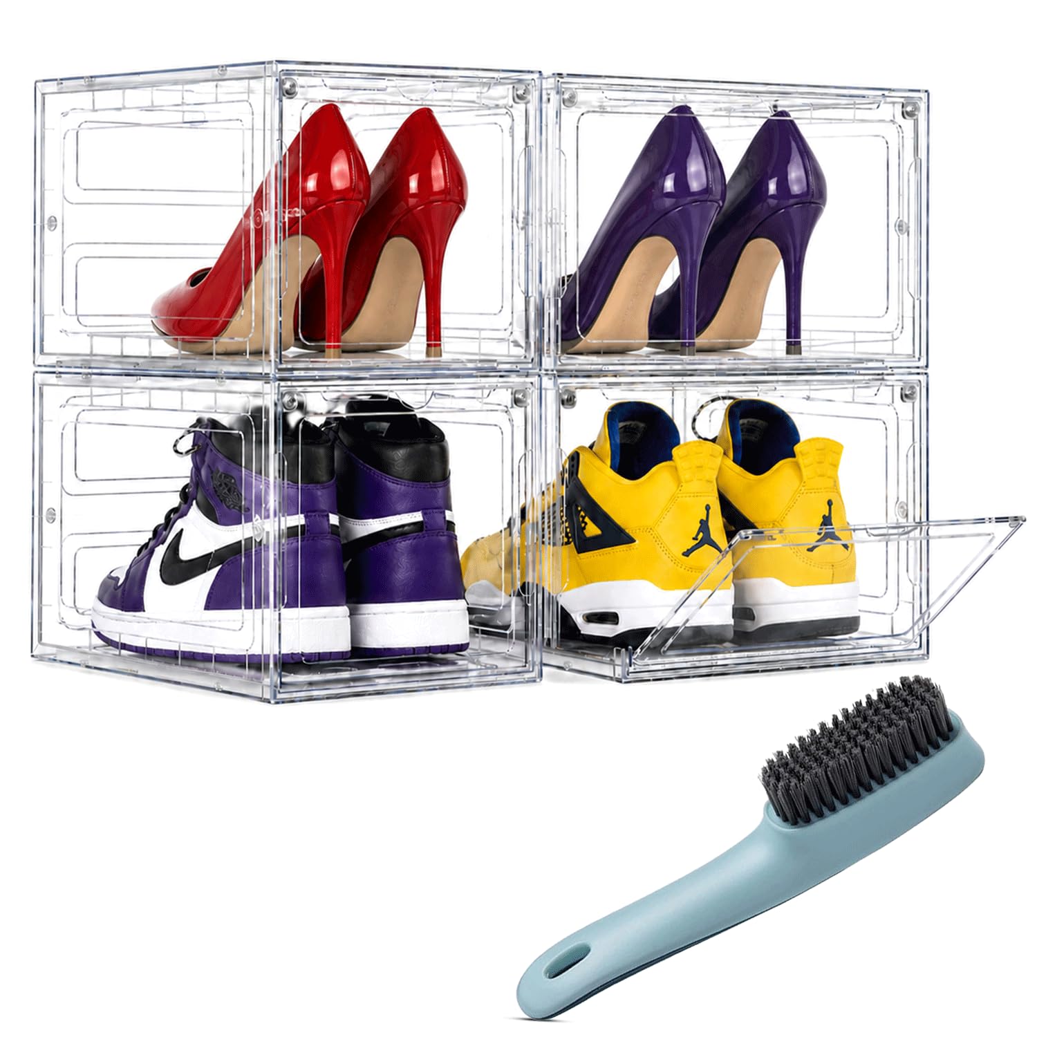 MALABI 4 pcs Shoe Storage Boxes & Cleaning Brush, Clear Stackable Boxes, Acrylic Transparent Shoe Display Containers,Foldable stackable shoe boxes with Magnetic Door for Women/Men,White