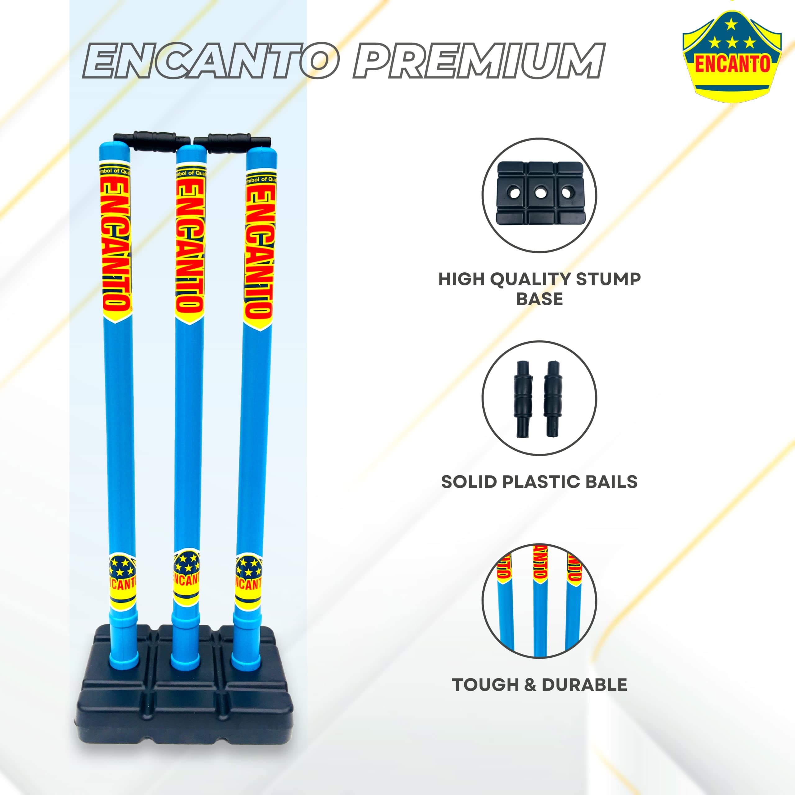 Encanto Wicket Set, Cricket Stumps, Heavy Plastic Cricket Stumps Set - 3 Wickets + 2 Bails + 1 Stump Base Big (Multicolor) 3