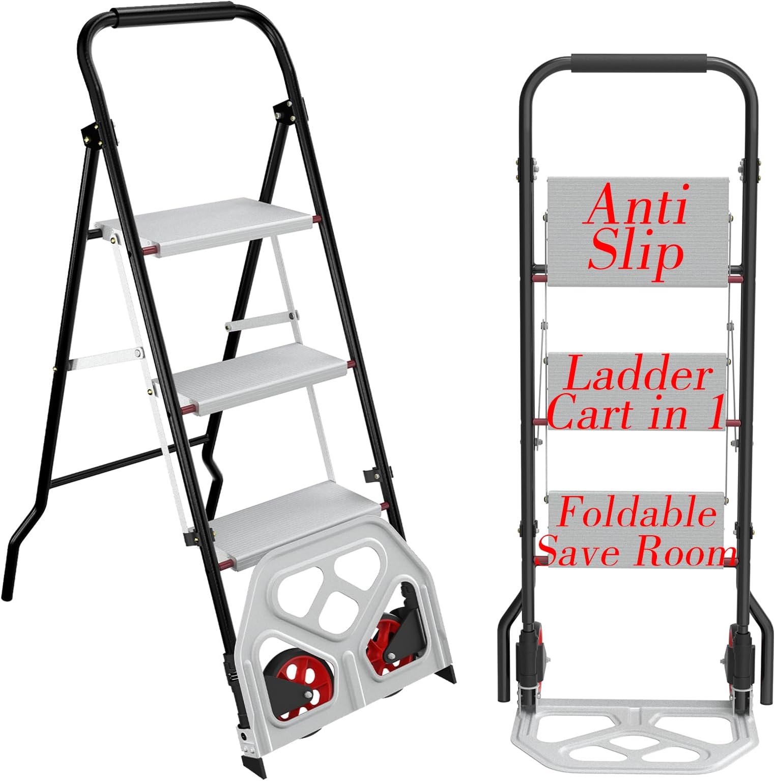 2 in 1 Dolly and 3 Step Ladder Collapsible Hand Truck, Aluminum Dolly Cart Ladder for Moving Luggages, Boxes, Cartons 220 Lbs Load Capacity
