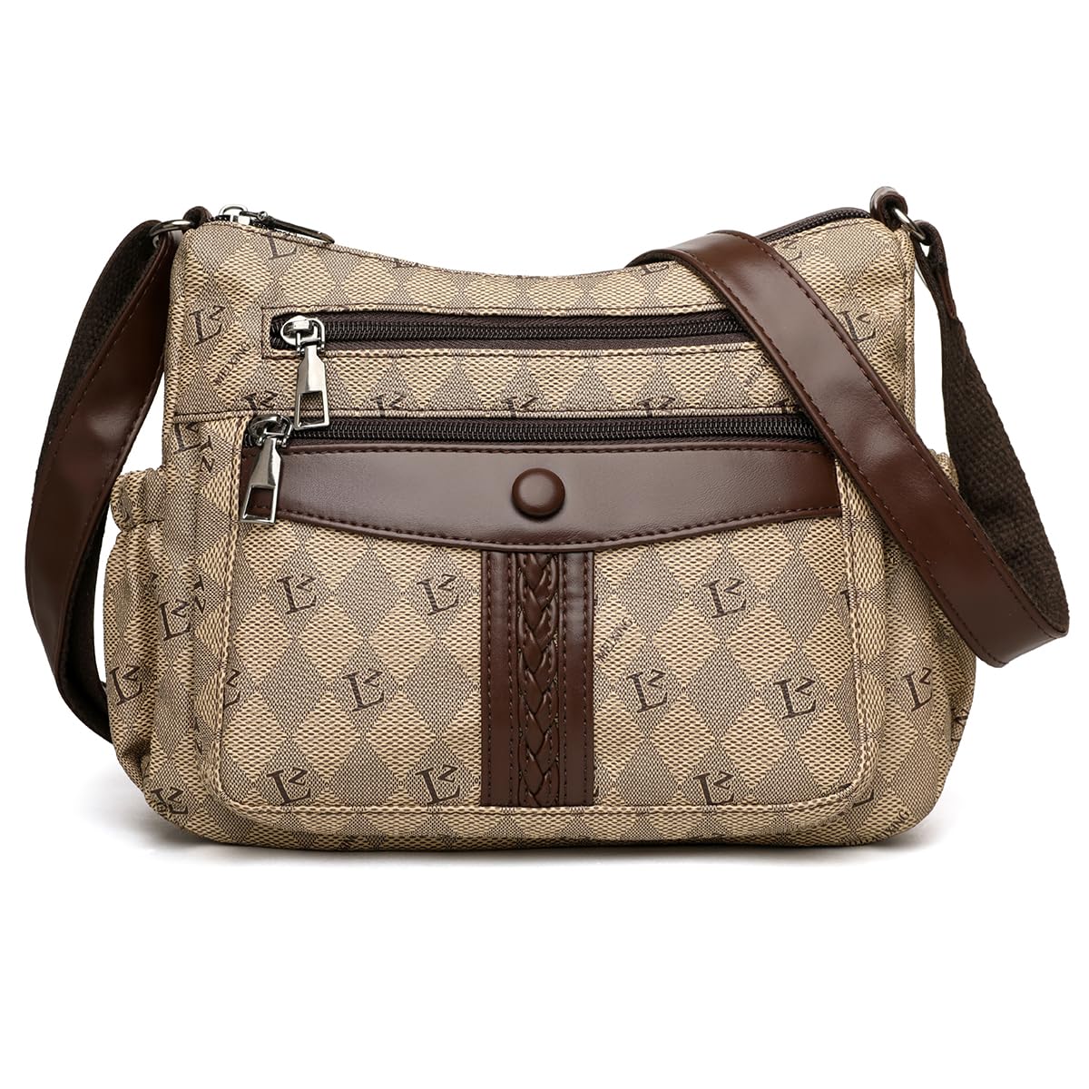 Women's Monogram Crossbody Bag with Multiple Zip Pockets, Beige-image-26