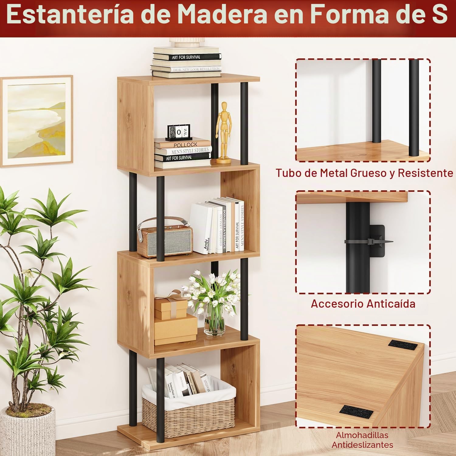 IBUYKE Libreria Estanteria Moderna,Librería En Forma De S De 5 Niveles,Estantería De Exposición,Librería Vertical Almacenaje para Sala De Estar, Dormitorio, Oficina En Casa,Roble WBC015W