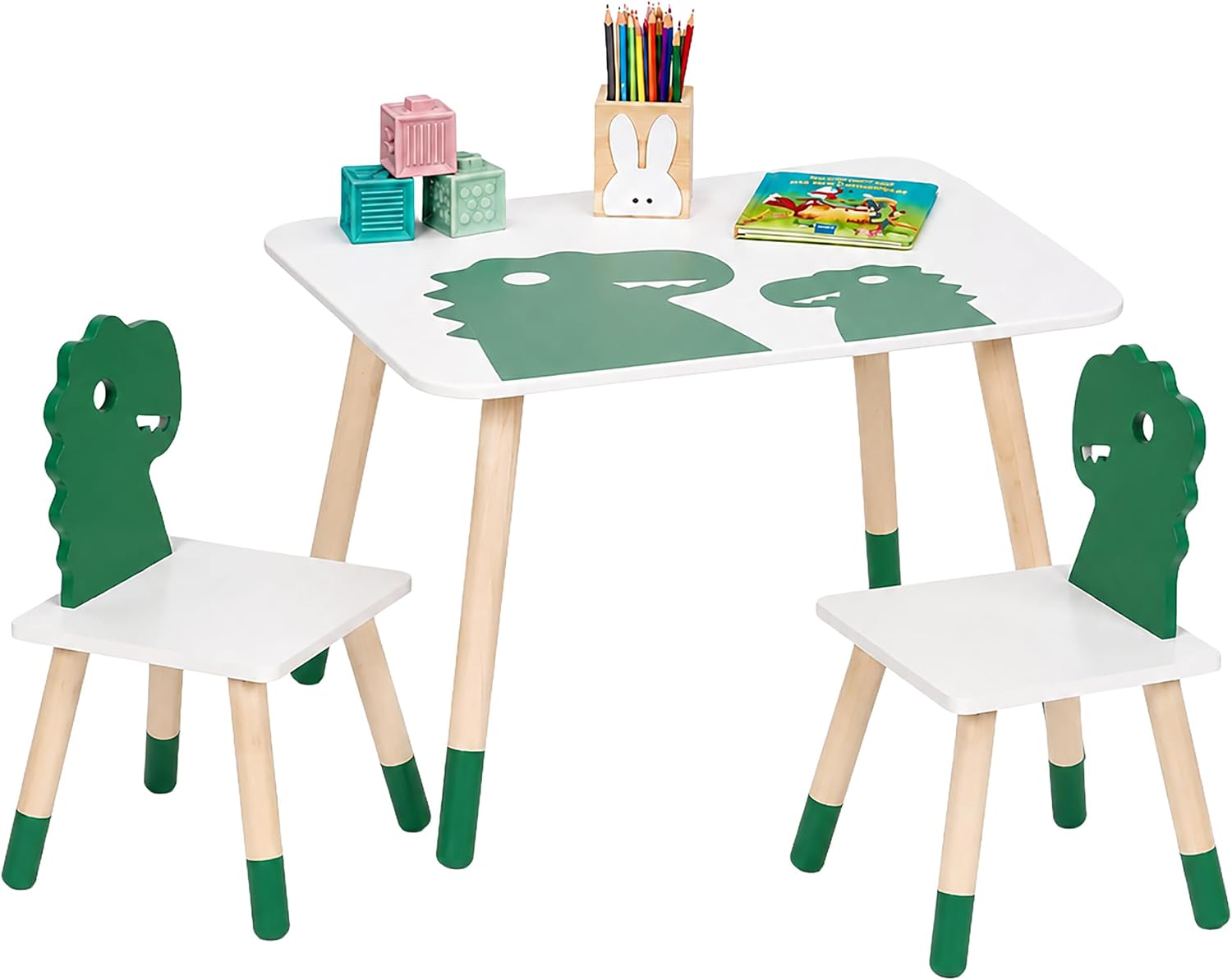 Relaxdays kids seating set, dinosaur design, table & chairs, white/green