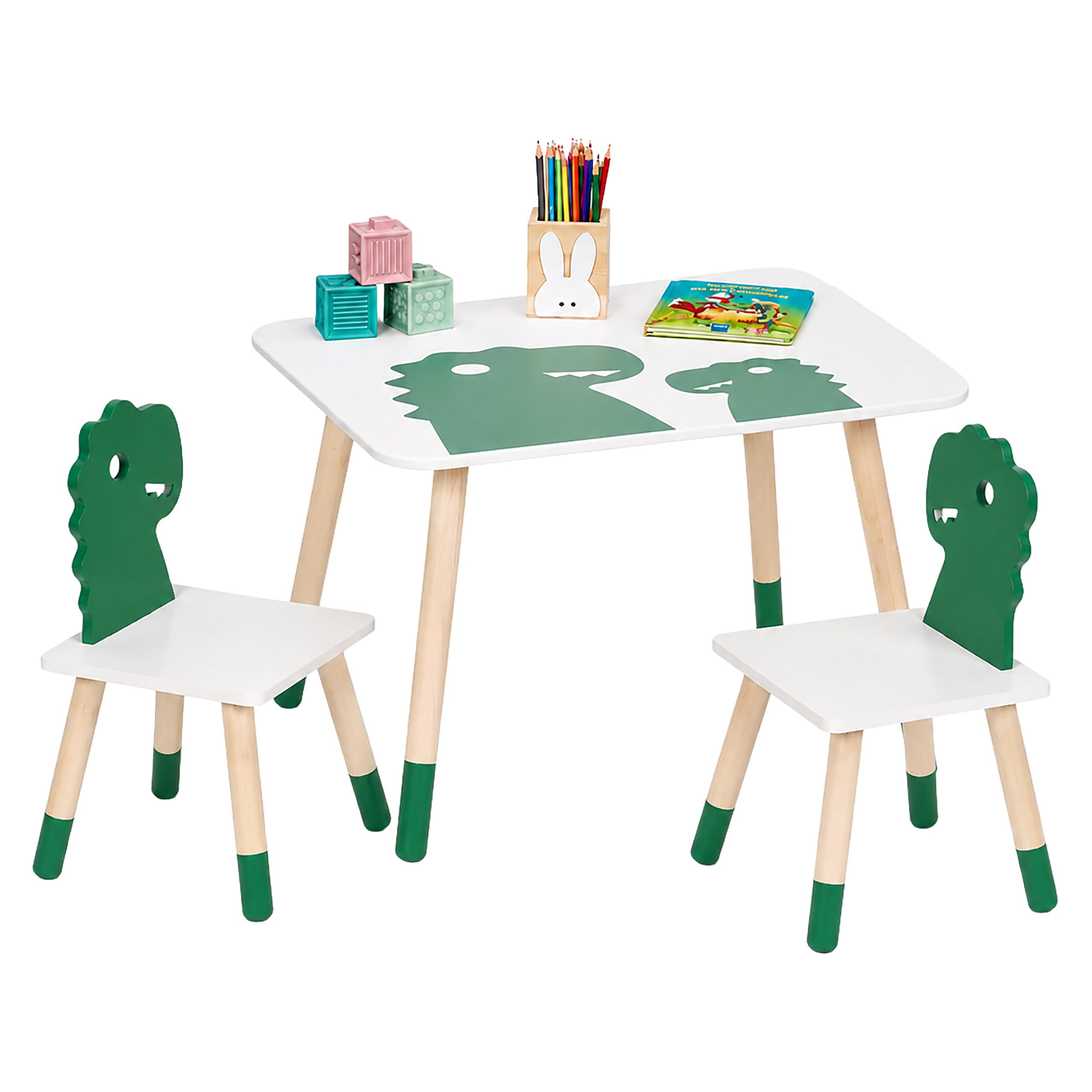 Relaxdays Kindersitzgruppe, Dino-Design, Kindertisch mit Stühlen, weiß/grün