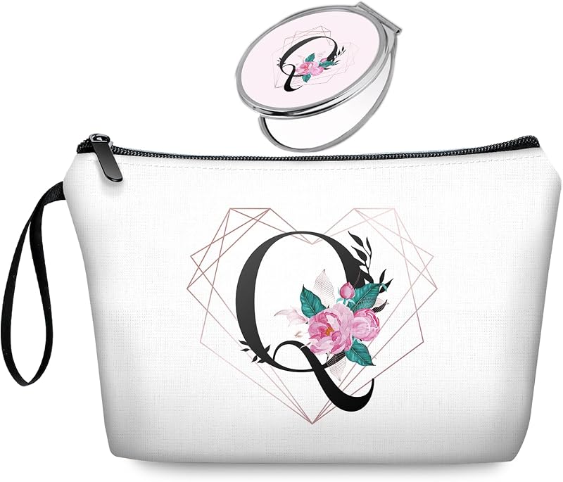 Necessaire de maquiagem JIEXAGEZOS com estampa da letra Q, espelho dupla face e fechamento com zíper