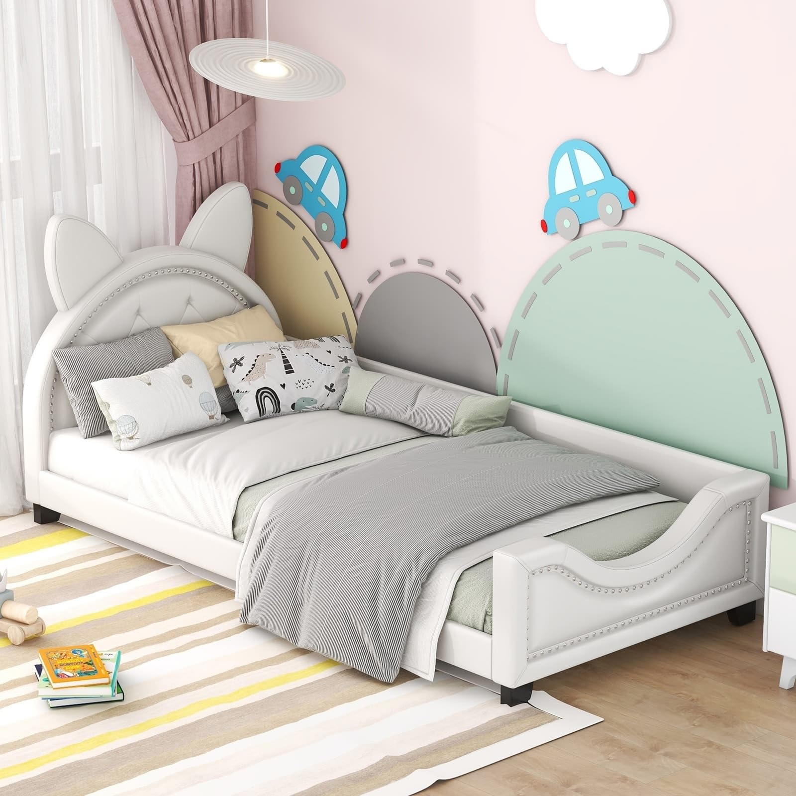 Cama infantil 90x200 de madera con respaldo KnSam y somier blanco