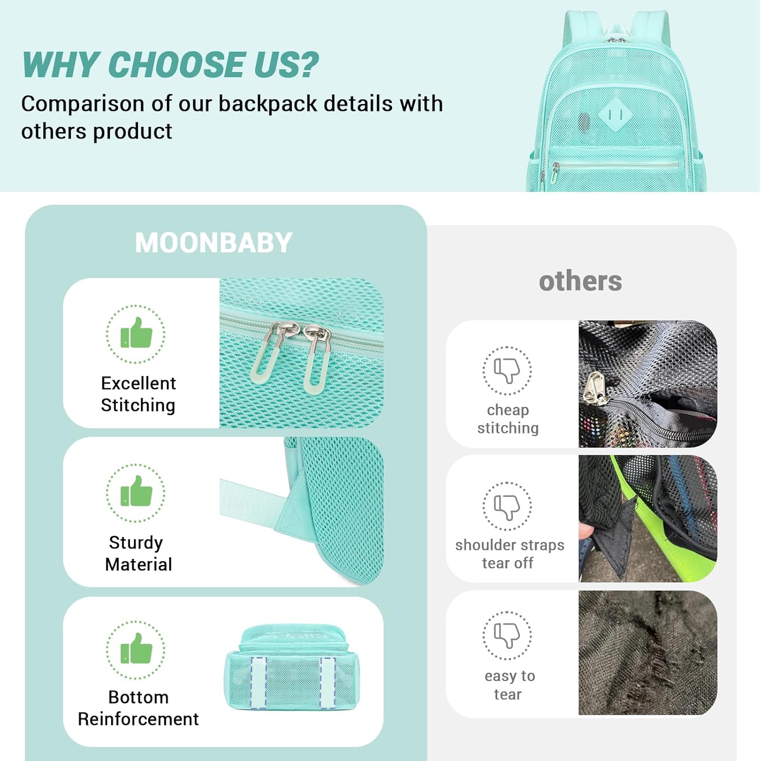 MOONBABY Mesh Backpack Heavy Duty, See Through School Backpack Transparent Bookbag for Swimming, Beach, Sports, Work, Travel - Image 7