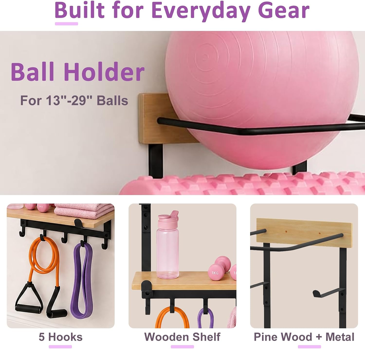 4-in-1 Yoga Mat & Ball Holder Wall Mount Storage, Durable Home Gym Accessories Organizer with Adjustable Solid Pine Floating Shelf & Hooks, 5 Hooks for Hanging Foam Rollers and Resistance Bands