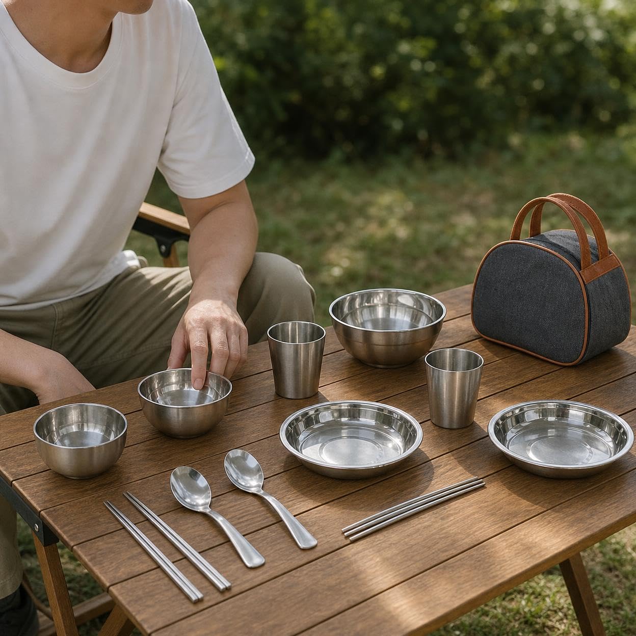Camping Geschirr Set aus Elstahl, tragbares Outdoor Besteck Set für und Picknick, 11-teiliges Set aus Edelstahl
