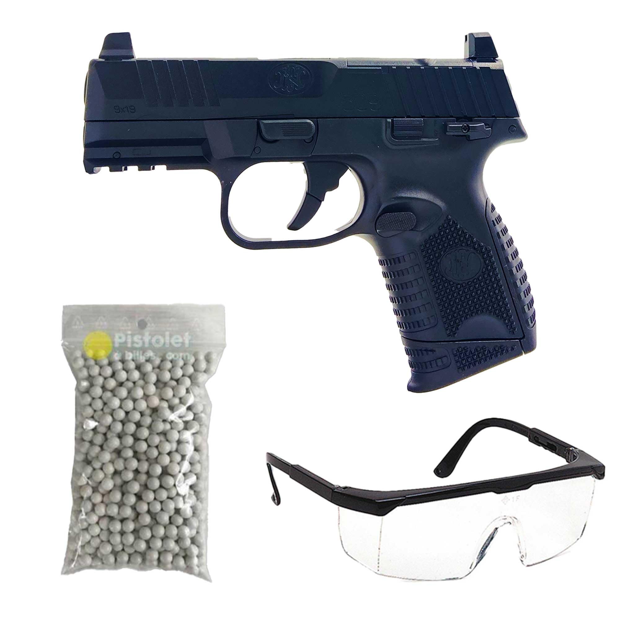 Confezione Pistola a Pallini Airsoft FN Herstal 509 Compact MRD Spring/Materiale: plastica ABS/Potenza 0,2 Joule/Fornita con Accessori