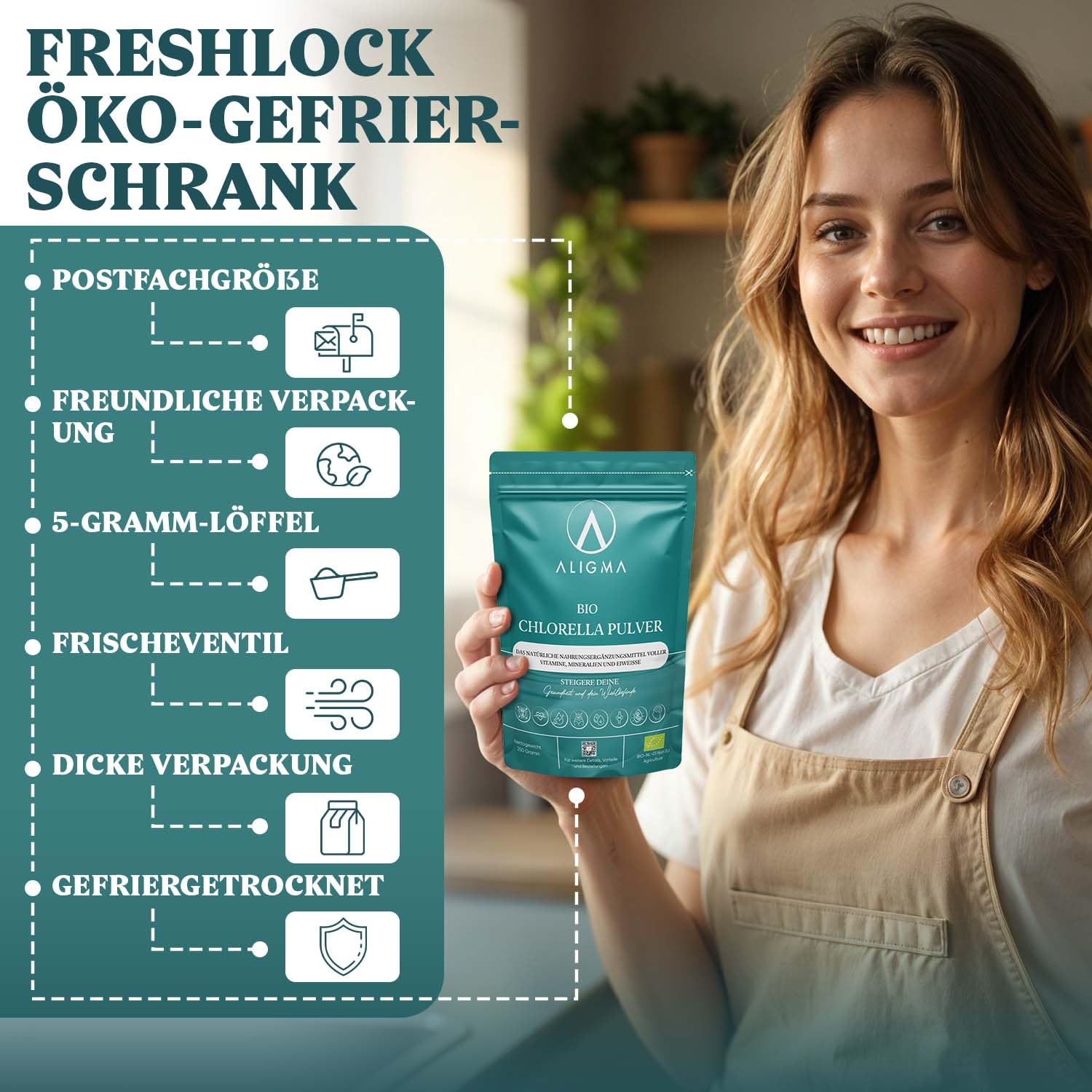 Aligma Bio-Chlorella-Pulver 250 g zur Stärkung des Immunsystems, Super Grüns-Pulver, natürliche Quelle für veganes Protein, Mineralien und Vitamine | Wiederverschließbare Verpackung