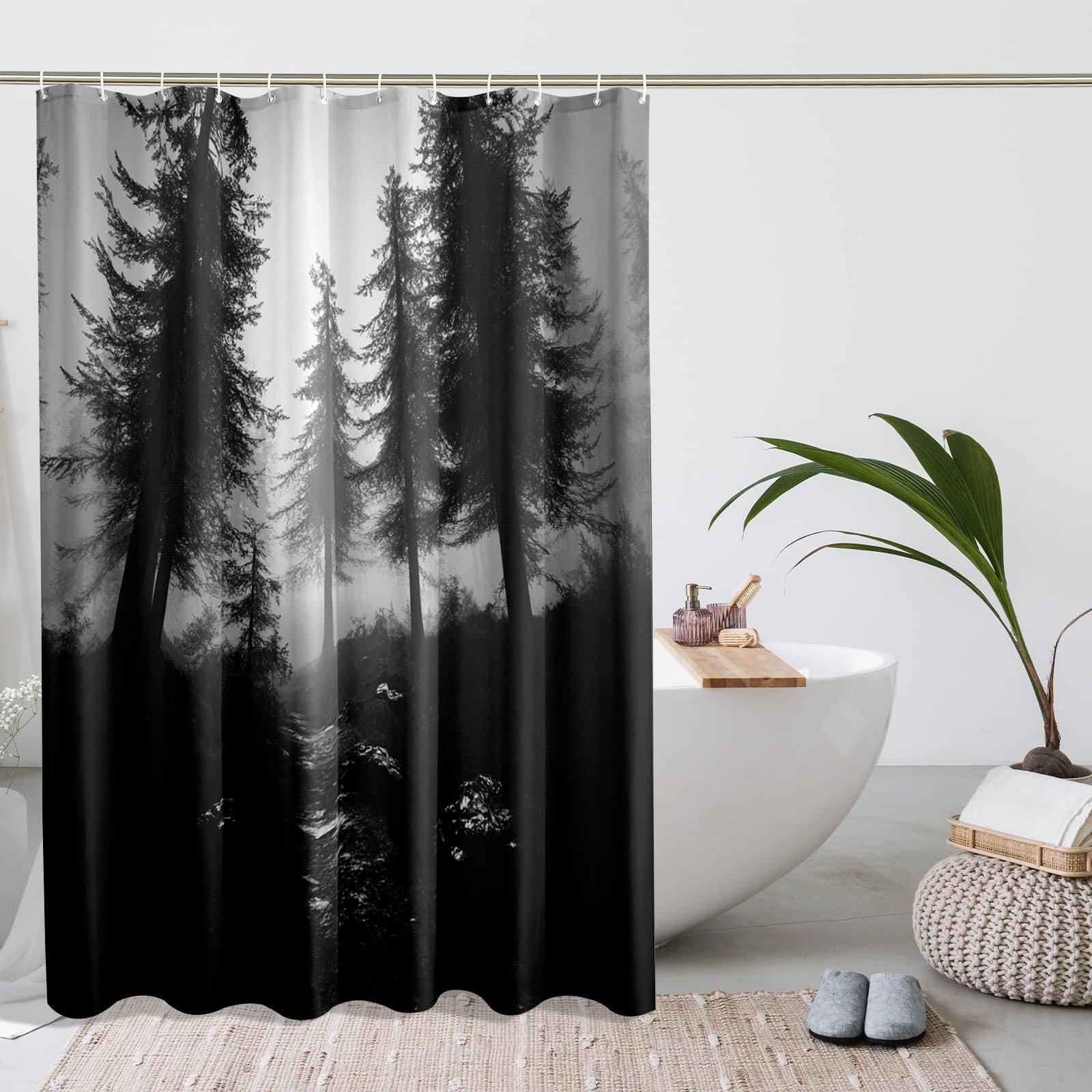 Ensemble de rideau de douche blanc et noir, rideau de douche arbre naturel, accessoires de salle de bain, motif imprimé décoratif, 62 x 72 cm