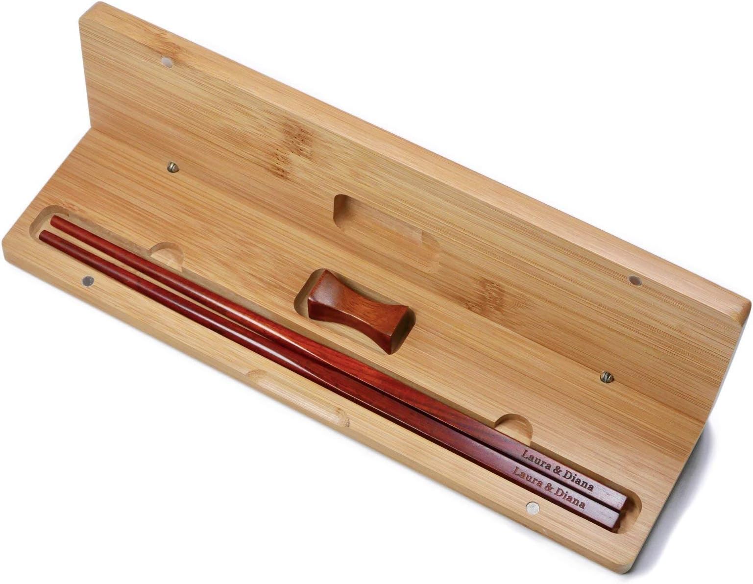 1 Pair Natural Red Rosewood Chopsticks Reusable Wood Chopsticks - Custom Engraving of Personalized Names - In Classic Square Chinese Style - Christmas Gift Chopsticks Set With Rest and Bamboo Case