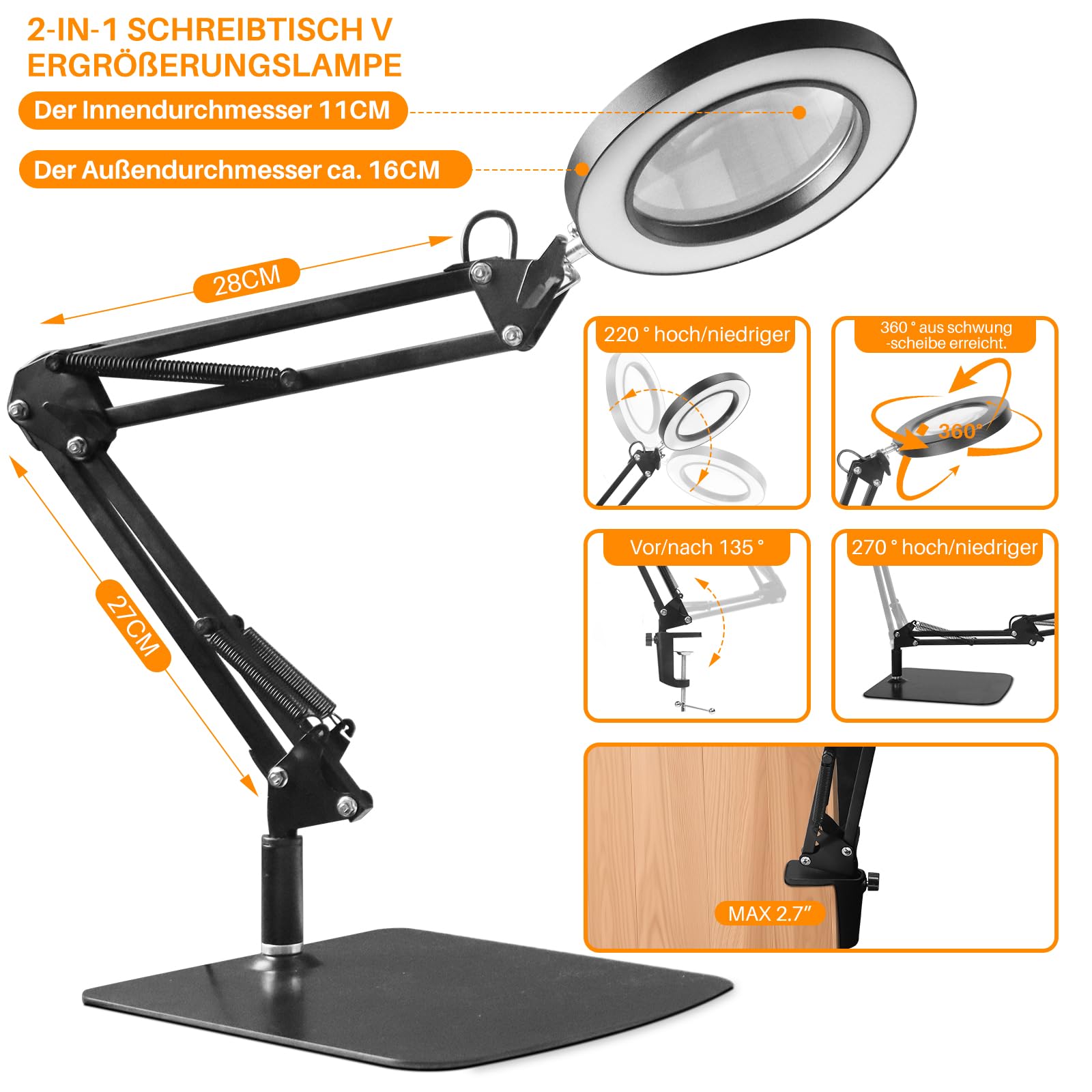 Lupe Mit Licht OKSANO LED Lupenleuchte,Tischlupe Mit Beleuchtung, Tischlampe Mit 3 Farbmodi 10 Helligkeitsstufen Dimmbar Arbeitsplatzlampe mit Klemme und Basis Kann Auch Für Lesehilfe Für Senioren