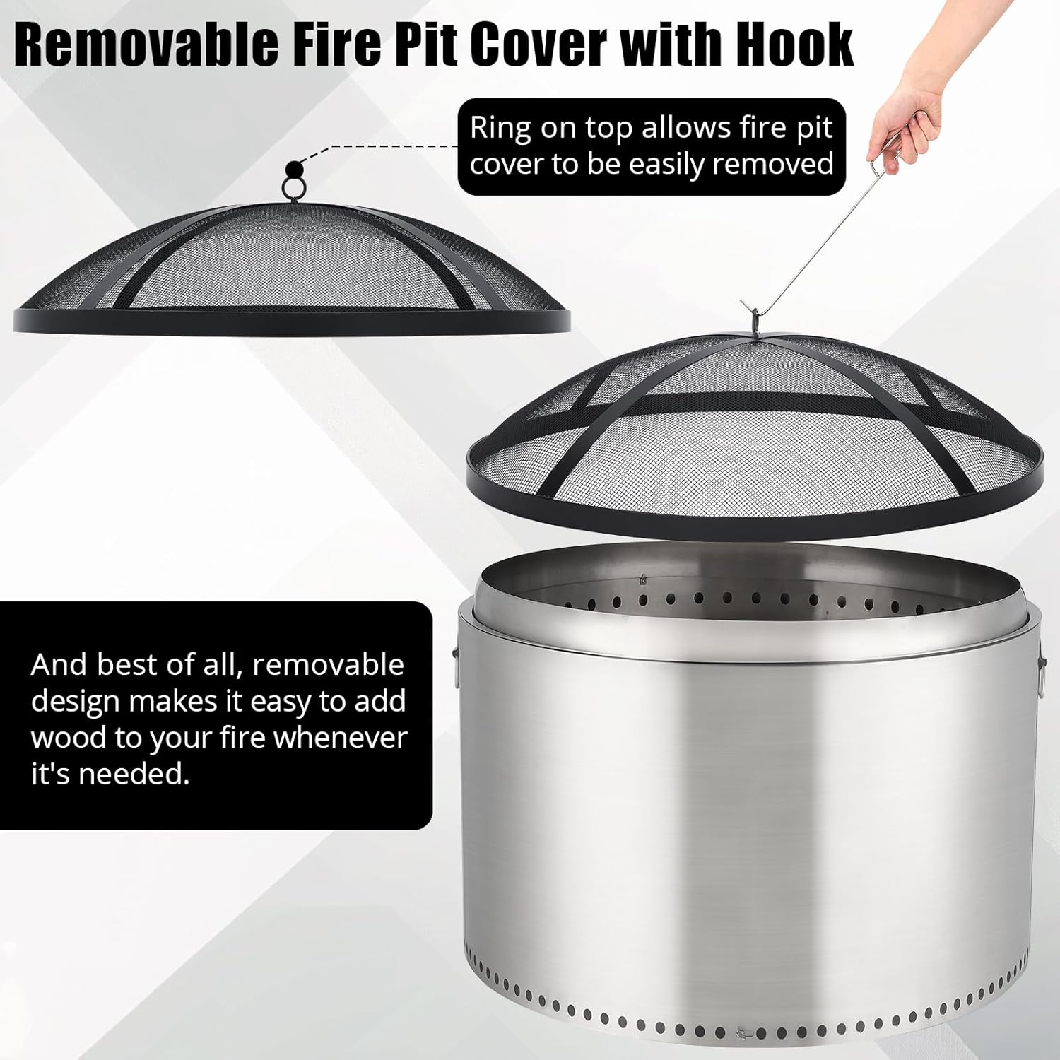 Fire Pit Spark Screen Cover for Campfires - Easy Lift Stainless Steel, Mesh Protector, Guide Rod Included, Outdoor Patio & Backyard Accessory，36 * 36 * 7inch