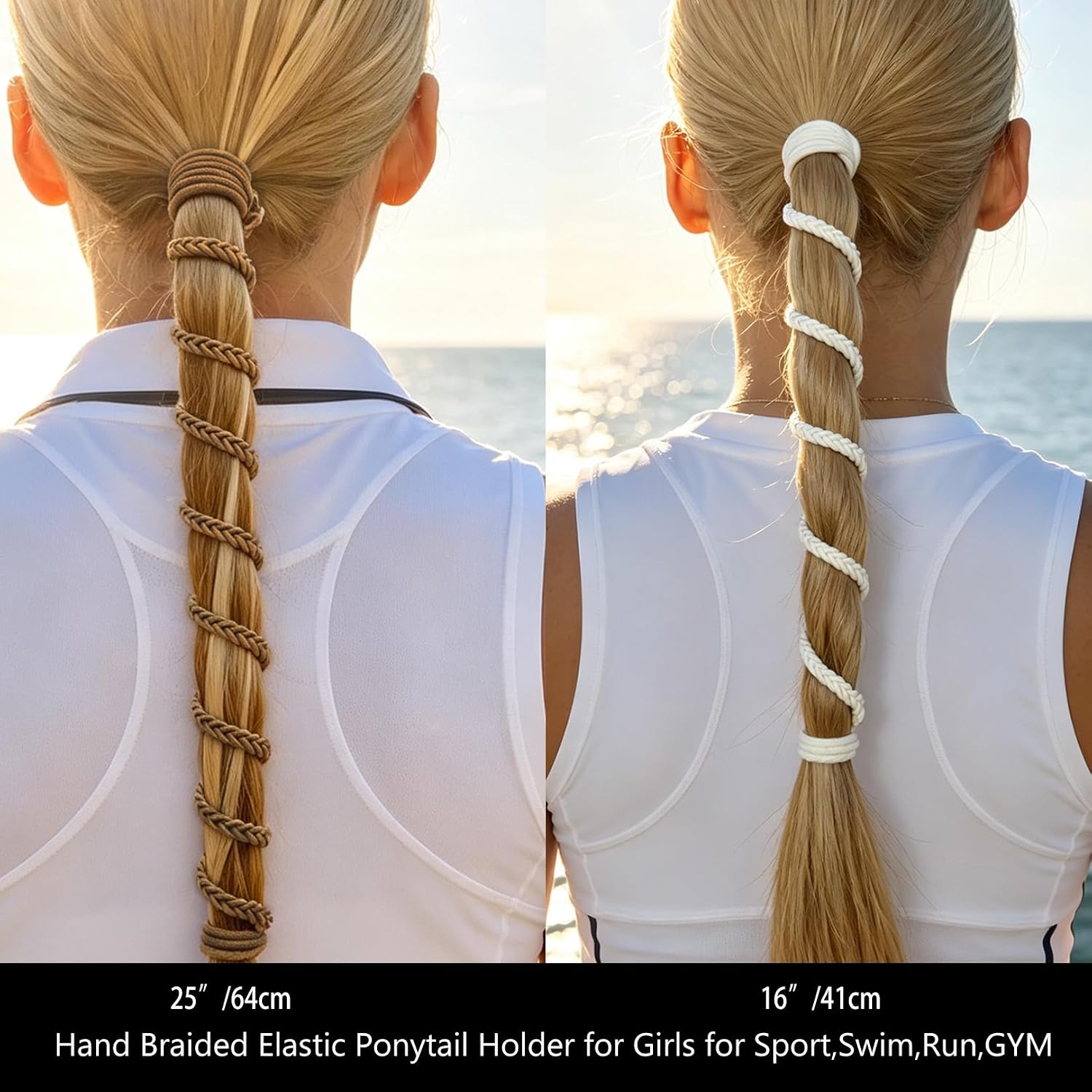 Elastic Hair Ties for Sports, 16 inch Long Ponytail Holders for Man, Mix Color Braided Pony Tail Wrap for Wind and Water 3 Pcs Black White Brown