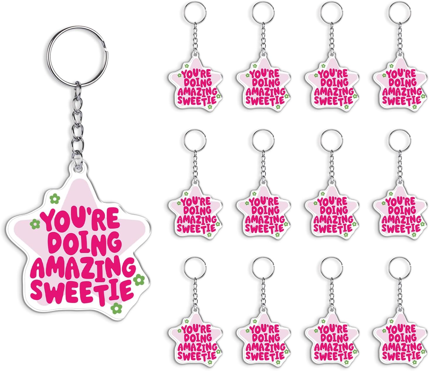12 Pcs Pink Star Girly Keychains Bulk, Encouragement Gifts for Women Girls