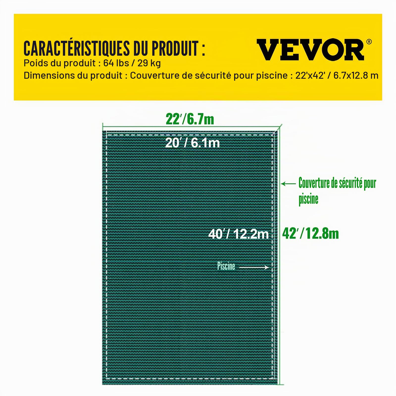 VEVOR Couverture de sécurité pour piscines creusées 6,1 x 12,2 m Maille Verte Couverture de sécurité Taille 6,7 x 12,8 m avec Outils d'installation pour Piscine d'hiver, résister au Soleil, au Vent