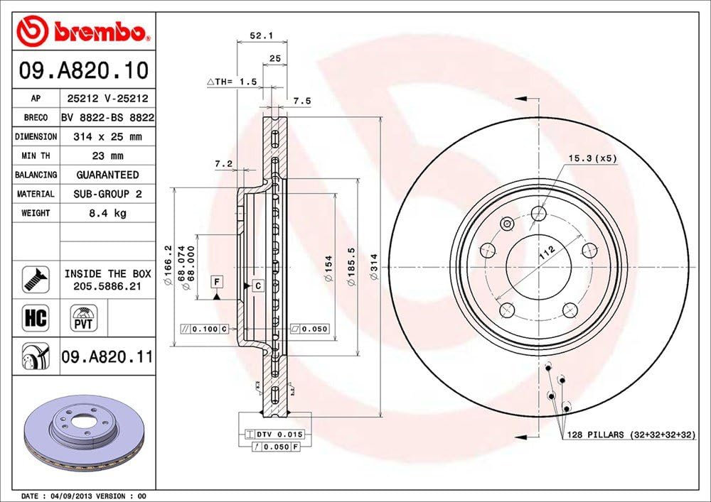 Brembo 09.A820.11 UV Coated Pillar Vented Front Brake Rotor AUDI/AUDI (FAW) OE# 8K0615301
