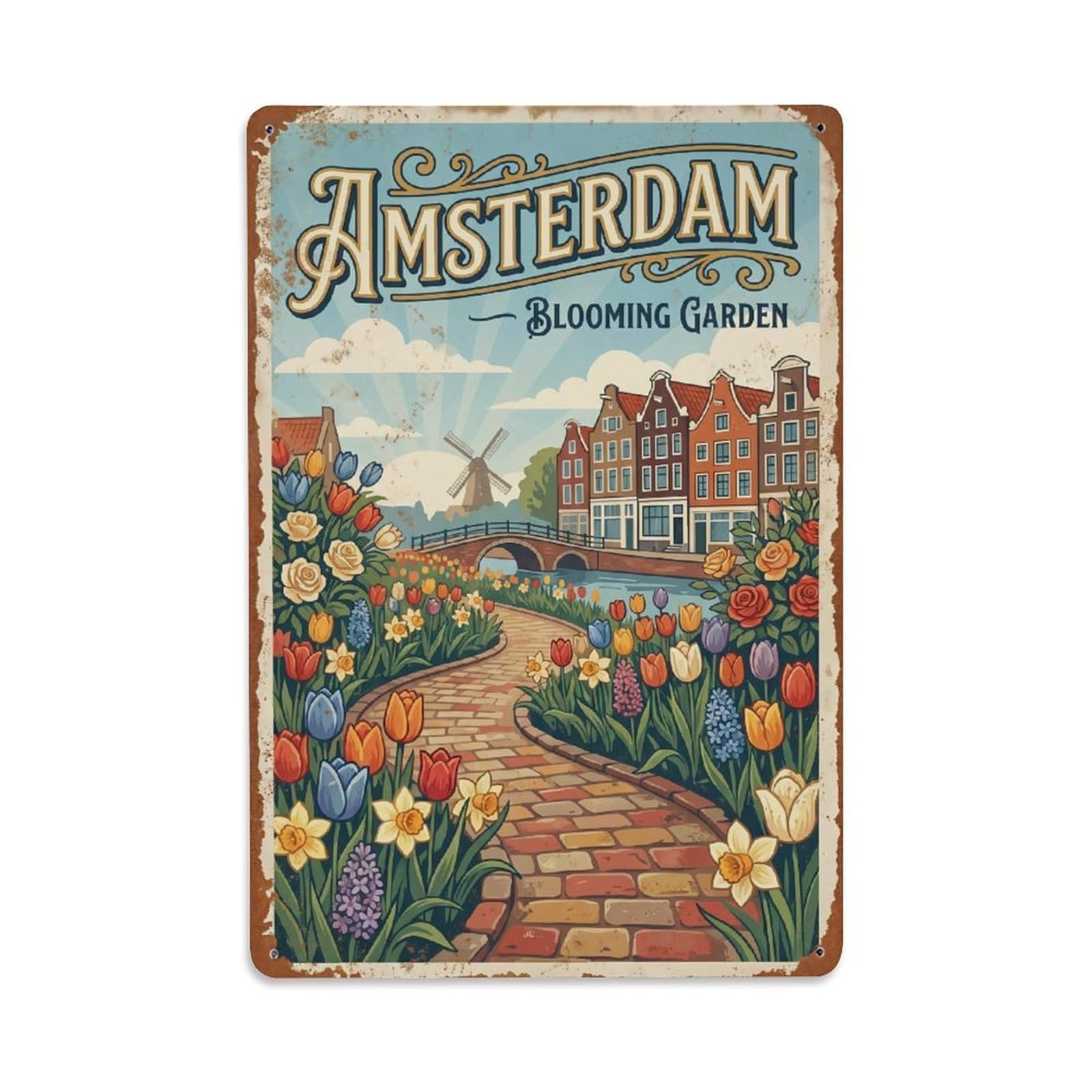Retro Garden Amsterdam Pastoral Landscape Travel Polder Metal Tin Sign Plaque Wall Decor for Cafe, Man Cave, Club Bar, Office, Home Garden Round Metal Poster 8x12Inch